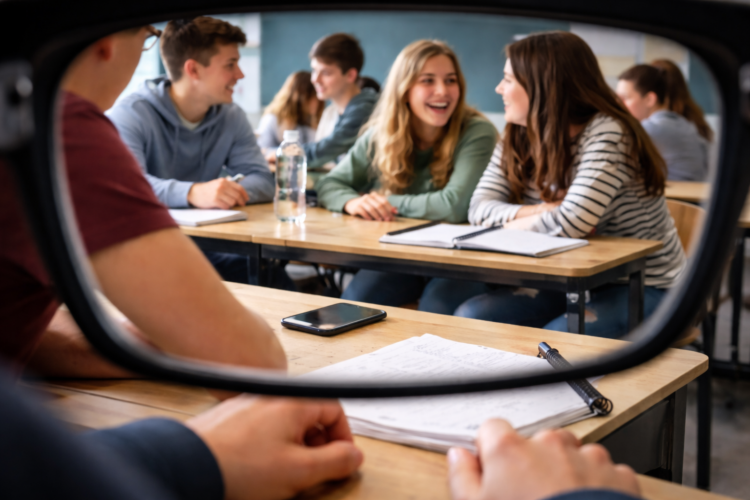 Blick durch eine Smartglasses Brille auf ein Klassenzimmer in dem Mitschüler im Hintergrund miteinander sprechen während Hände und Tisch im Vordergrund sichtbar sind