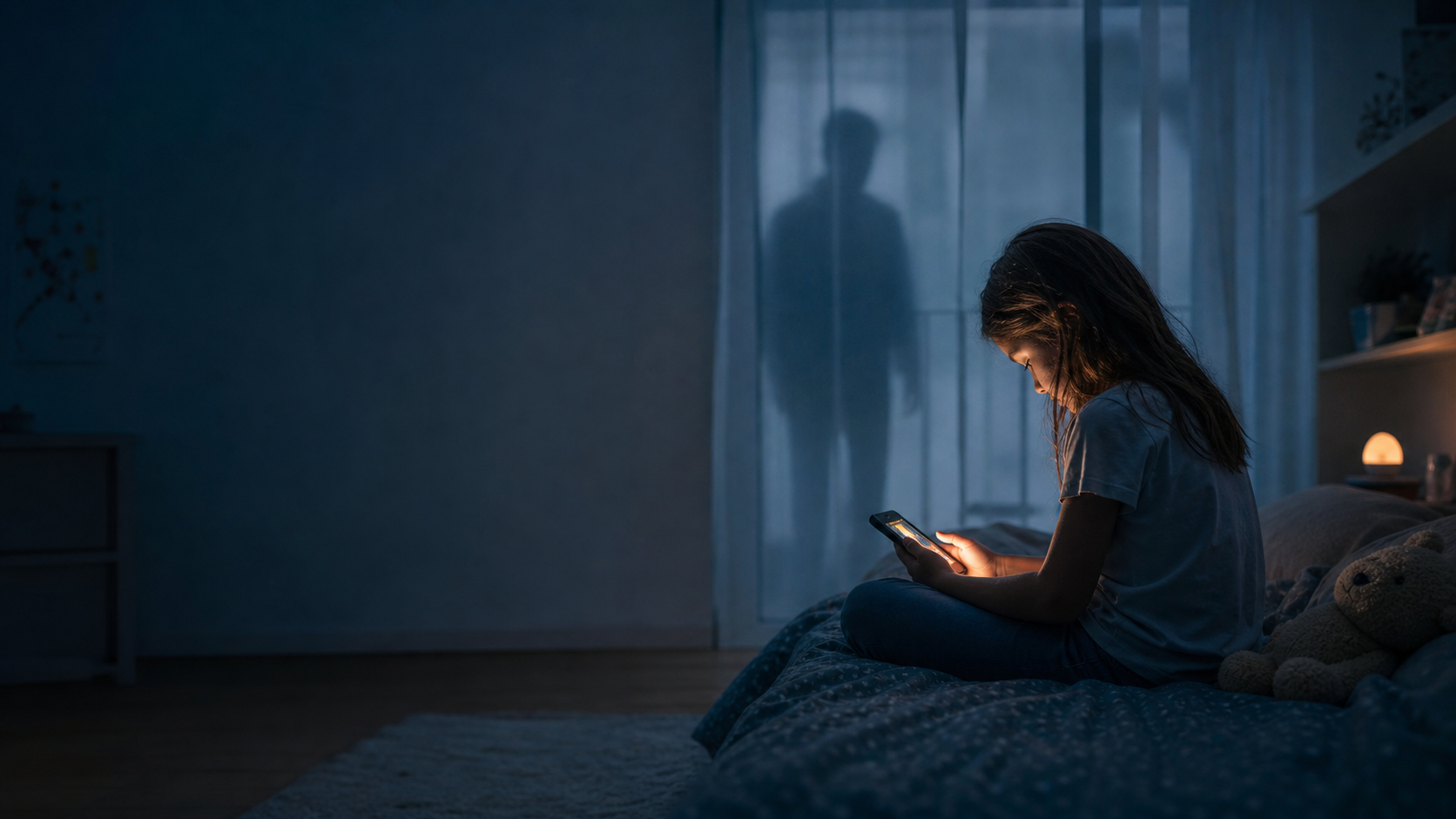 Kind in einem Kinderzimmer vor leuchtendem Smartphone, während eine bedrohliche erwachsene Person nur schemenhaft im digitalen Hintergrund erscheint und die unsichtbare Gefahr von Cybergrooming symbolisiert.