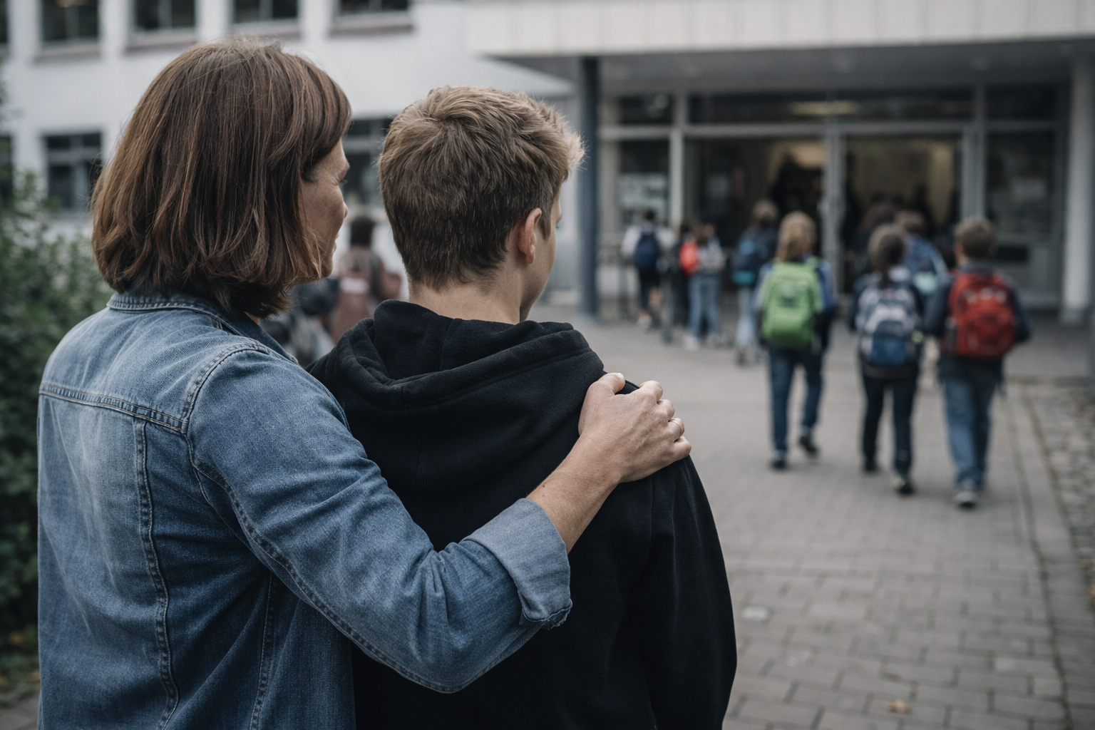 Eine Mutter legt ihrem jugendlichen Sohn vor dem Schuleingang die Hand auf die Schulter, während er nach vorn schaut und seinen eigenen Weg geht.