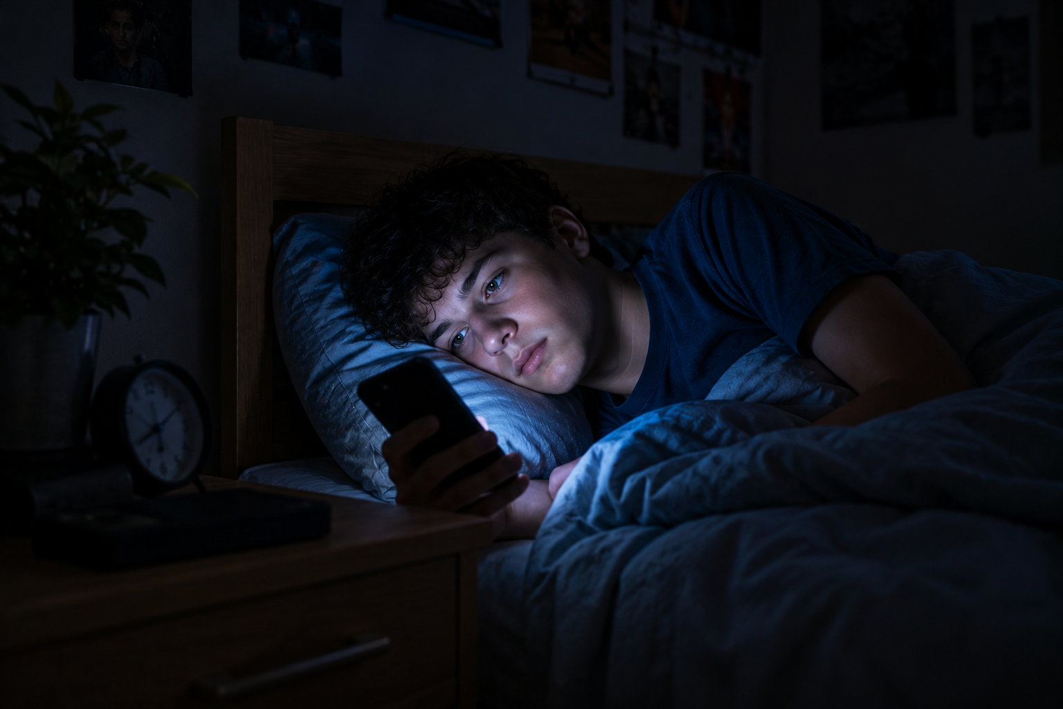 Jugendlicher liegt nachts wach im Bett und schaut auf sein Smartphone, das sein Gesicht im dunklen Schlafzimmer blau beleuchtet.