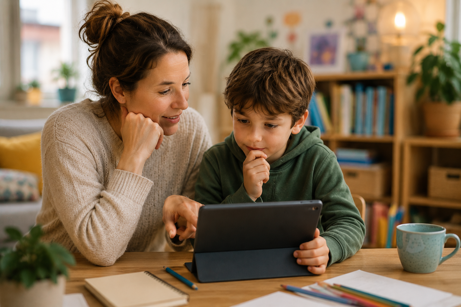 Mutter und Sohn schauen gemeinsam auf ein Tablet und sprechen über digitale Inhalte und den Umgang mit KI im Alltag.