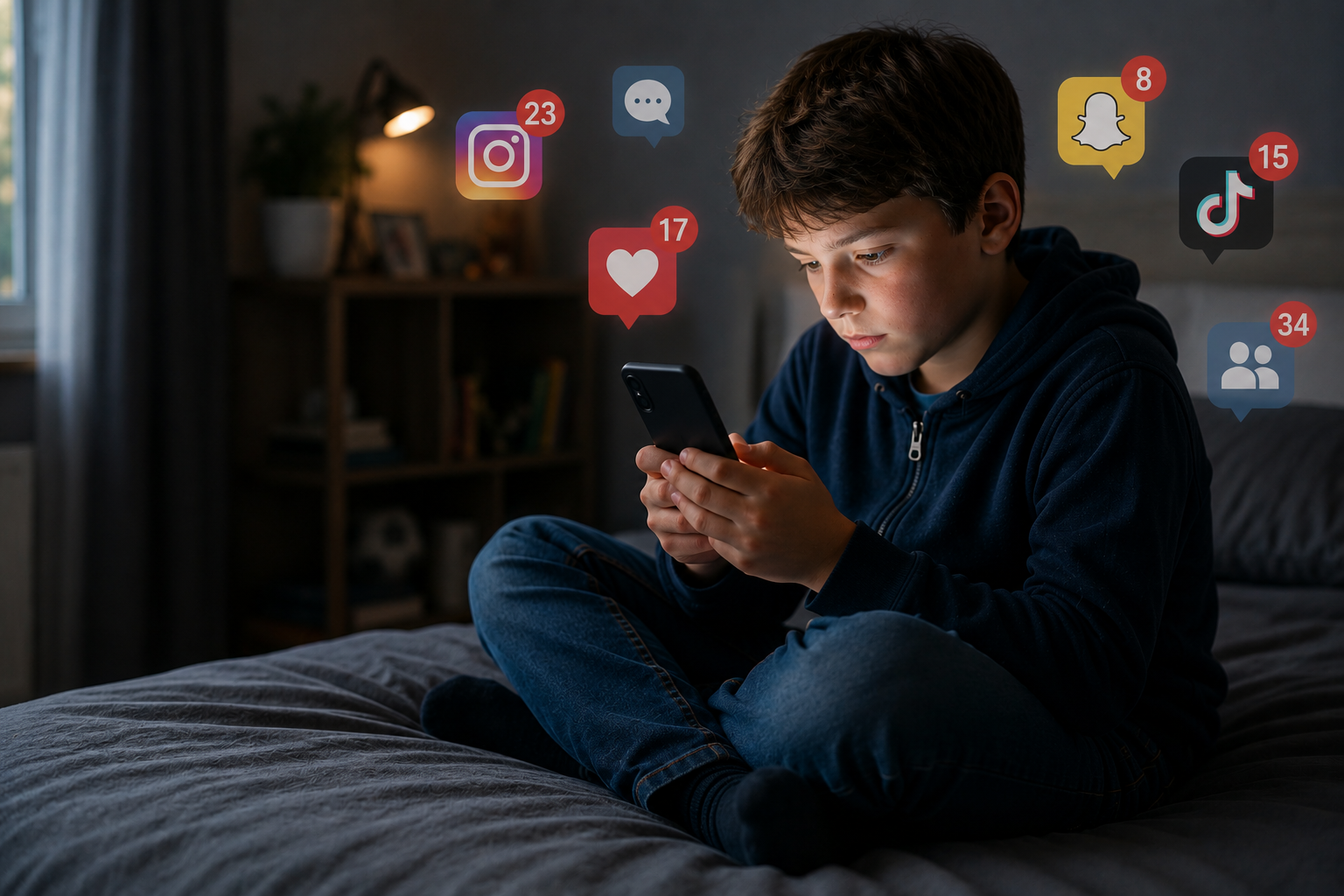 Junge sitzt abends alleine auf seinem Bett und blickt konzentriert auf ein Smartphone, während Social-Media-Symbole und Benachrichtigungen um ihn herum schweben.