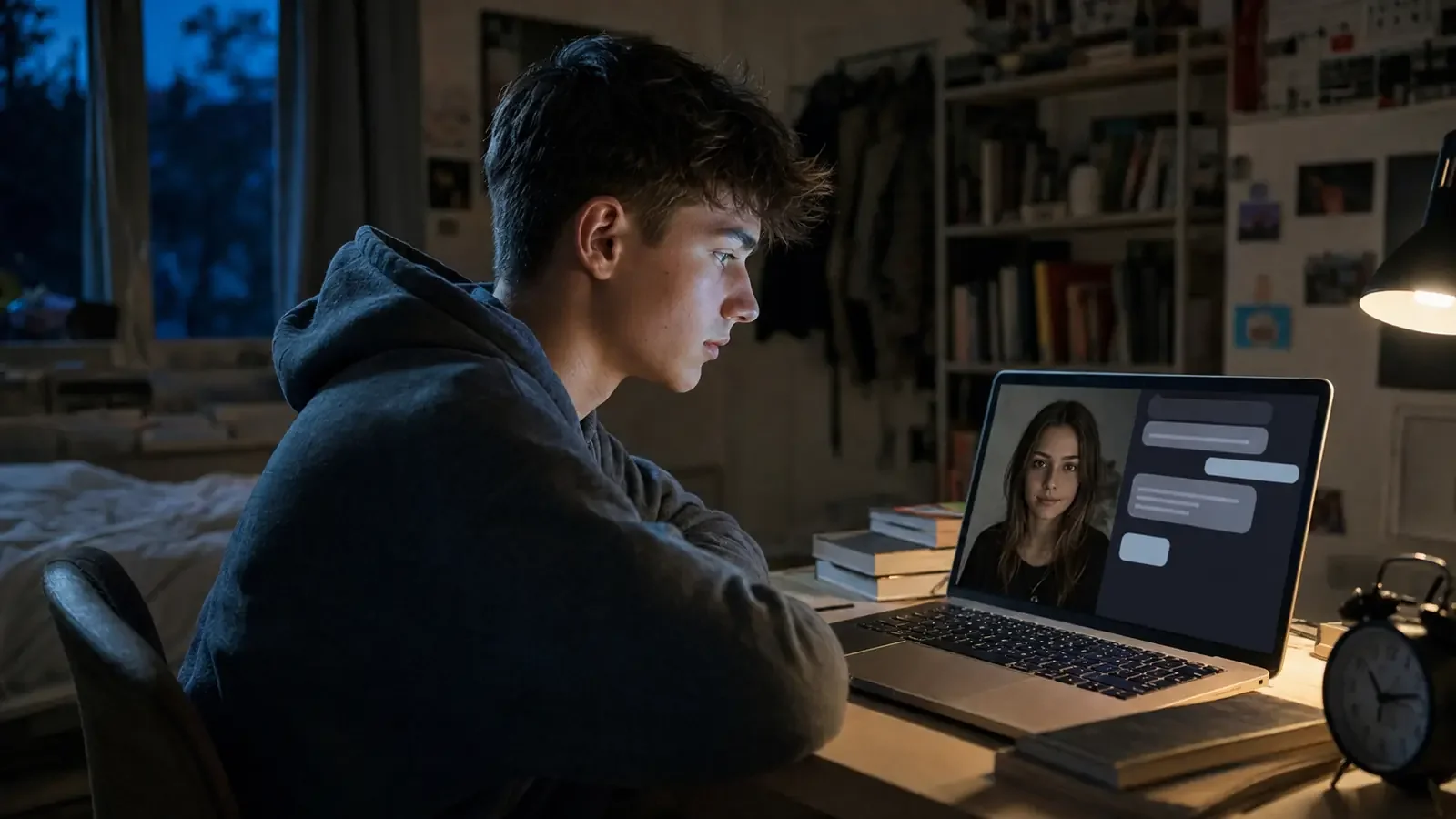 Ein Jugendlicher sitzt abends allein vor einem Laptop und führt ein längeres Gespräch mit einer menschlich wirkenden KI-Figur.