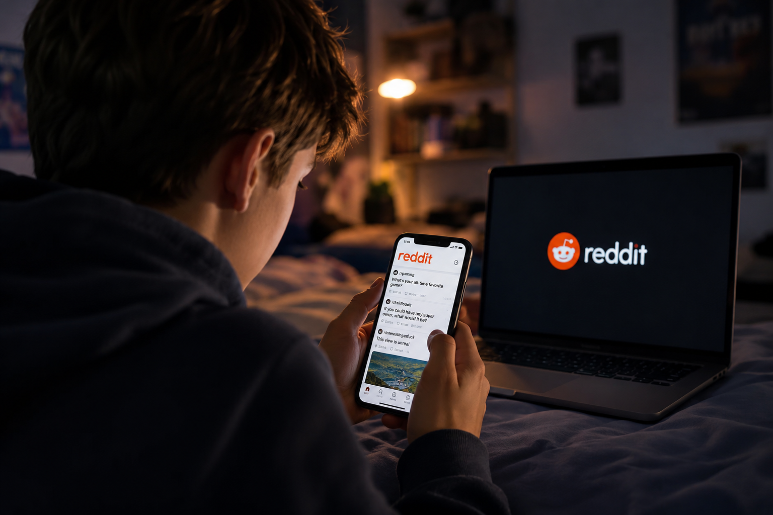 Jugendlicher sitzt nachts mit Smartphone und Laptop im Bett und nutzt Reddit, während die Plattform im Hintergrund sichtbar ist.