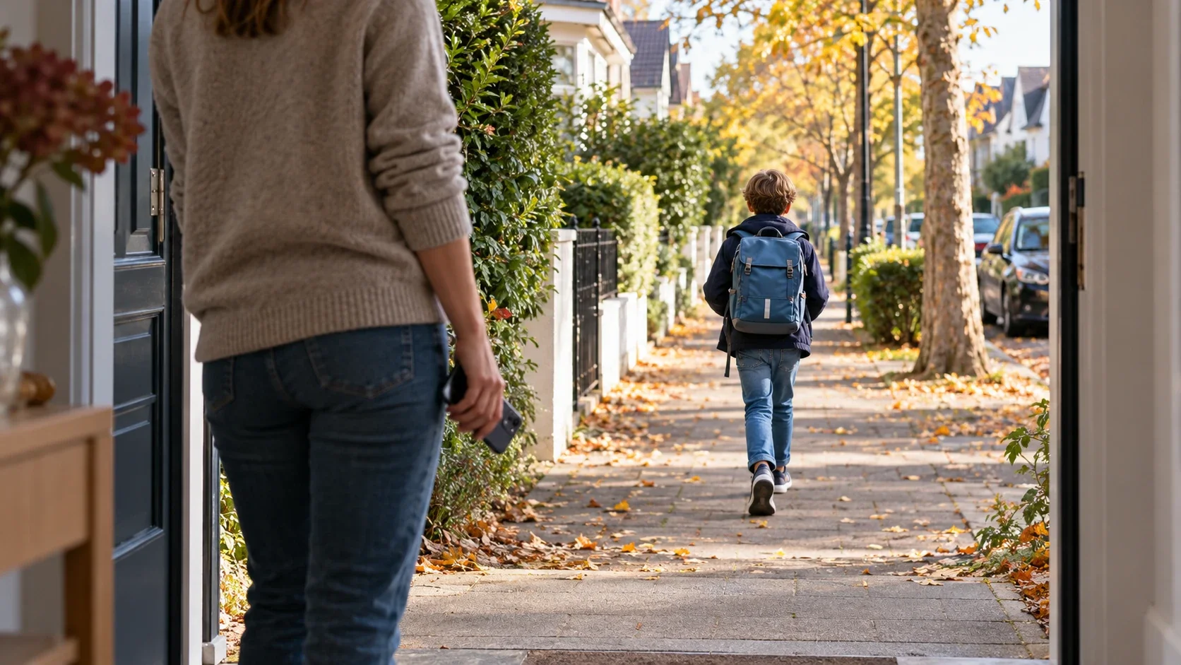 Ein Kind mit Schulrucksack geht selbstständig einen Gehweg entlang, während ein Elternteil mit Smartphone in der Hand an der Haustür steht.