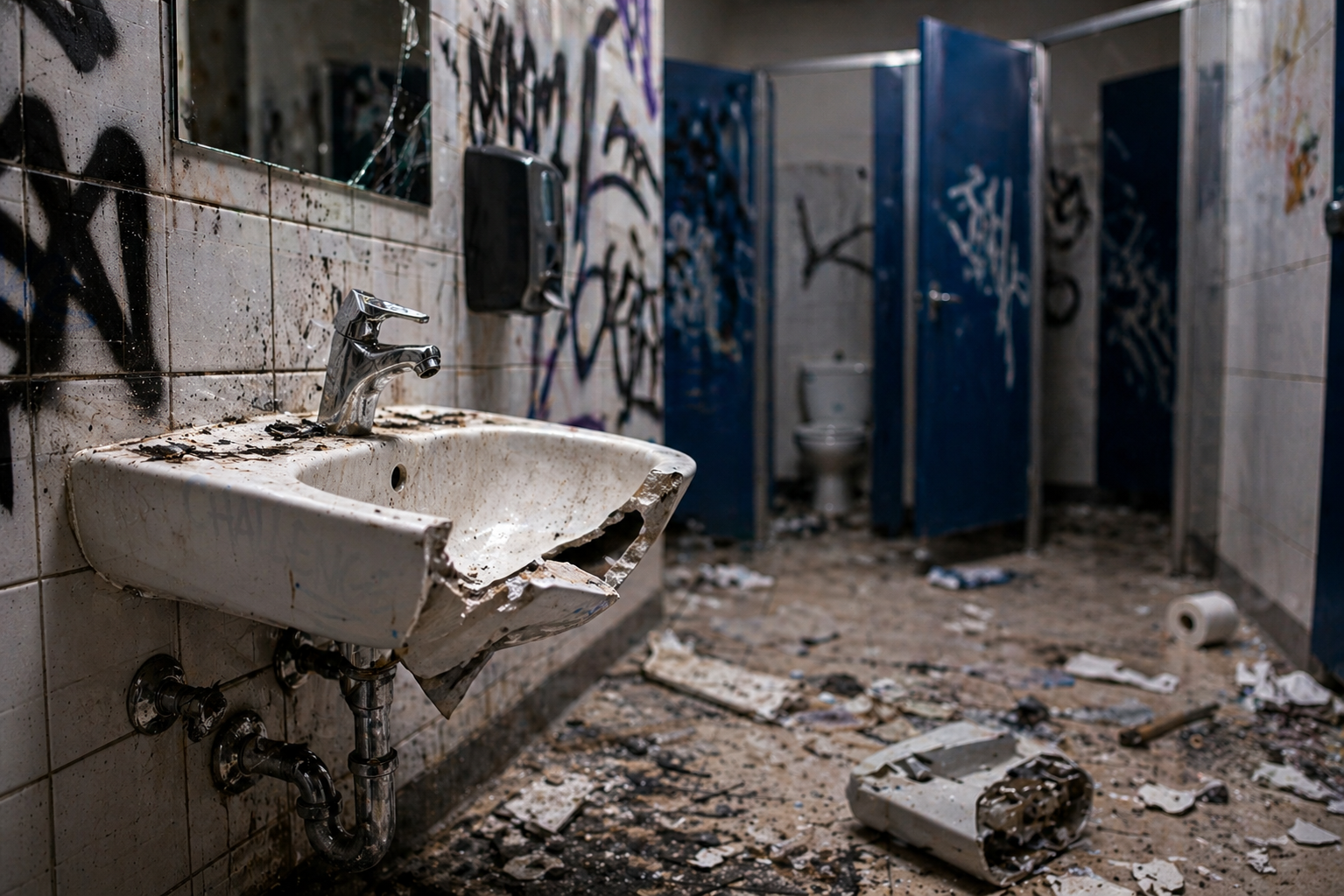 Stark beschädigte Schultoilette mit kaputtem Waschbecken, Graffiti und Trümmern auf dem Boden als Beispiel für Vandalismus und die Folgen von Challenges in Schulen