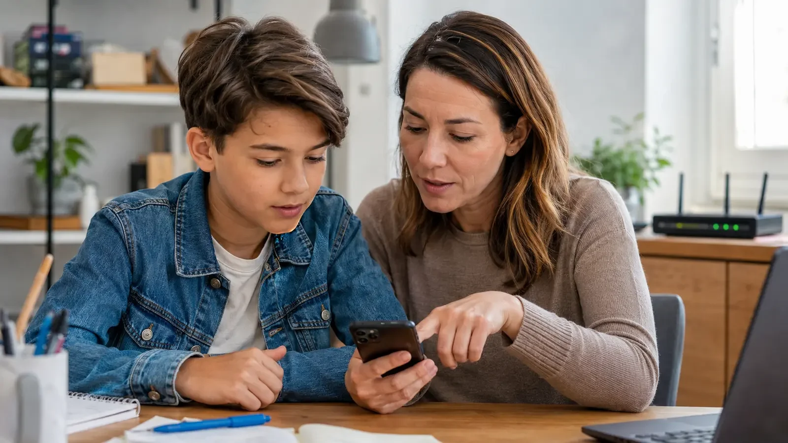 Mutter und Sohn richten gemeinsam Schutzfunktionen auf einem Smartphone ein.