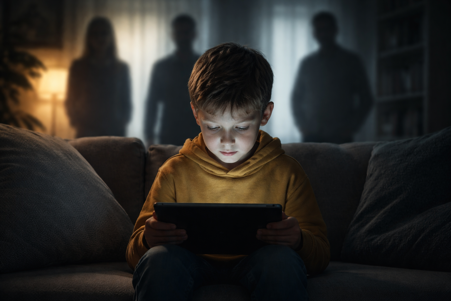 Ein Kind sitzt im Wohnzimmer auf dem Sofa und schaut konzentriert auf ein Tablet, während im Hintergrund unscharfe erwachsene Silhouetten stehen und symbolisch für unsichtbare Beobachter und Datenauswertung im Internet stehen