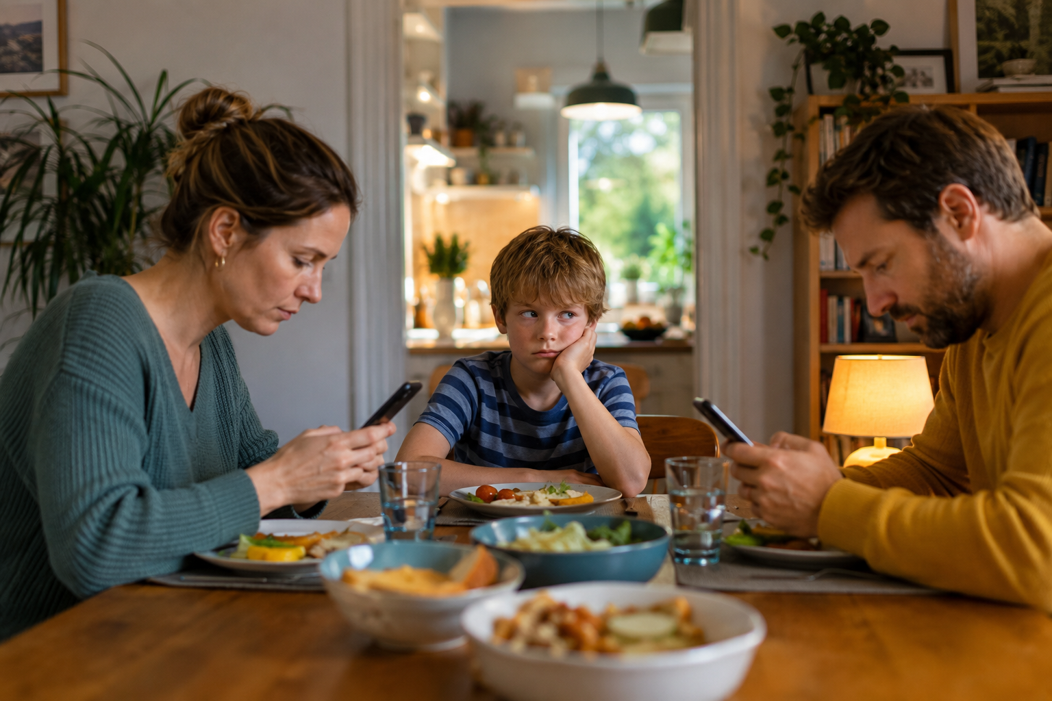 Fotorealistische Familienszene am Esstisch. Beide Eltern schauen auf ihre Smartphones, während ein Kind dazwischen sitzt und sichtbar unbeachtet wirkt.