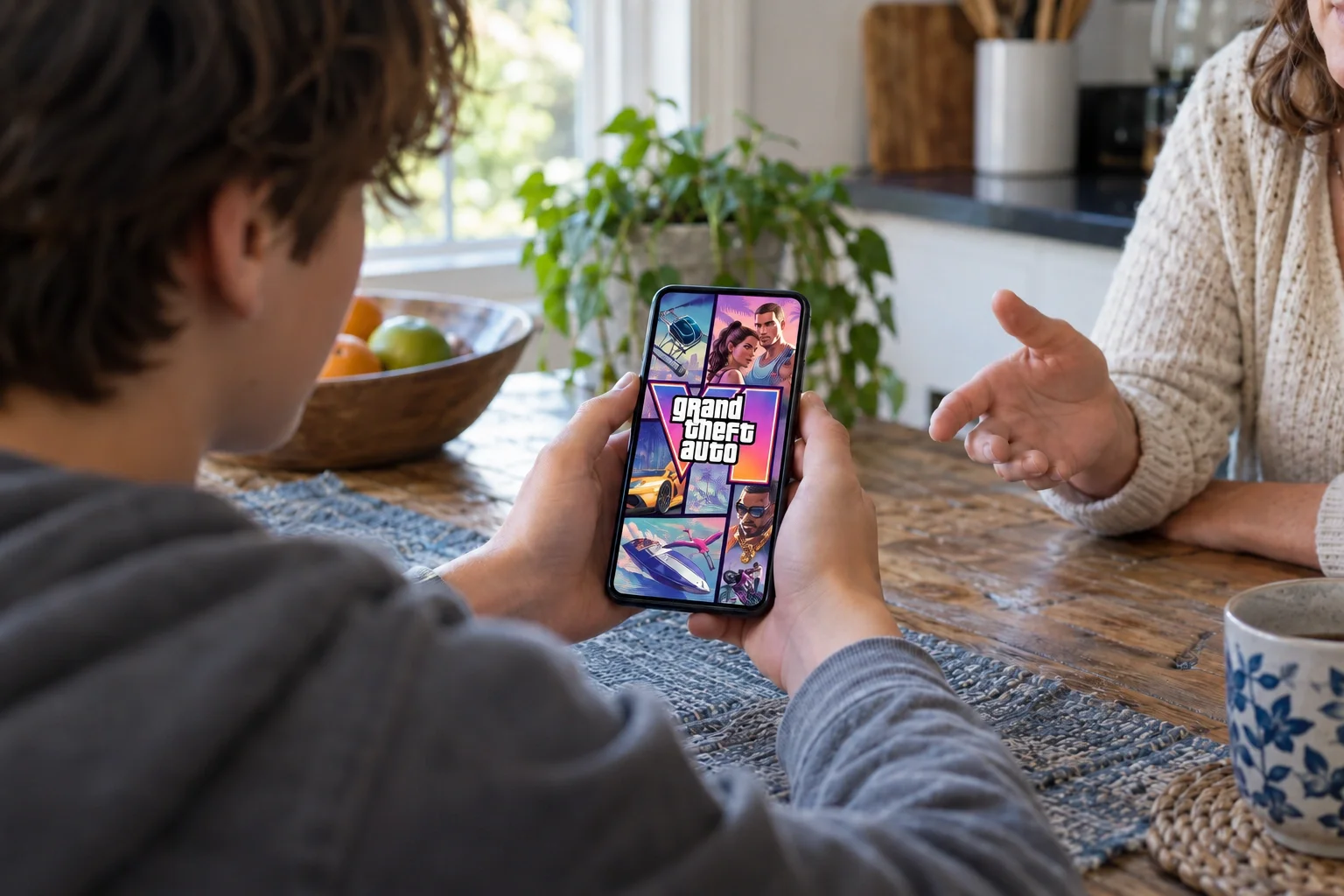 Ein Jugendlicher hält ein Smartphone mit GTA-VI-Motiv in der Hand, während eine erwachsene Person mit ihm spricht.