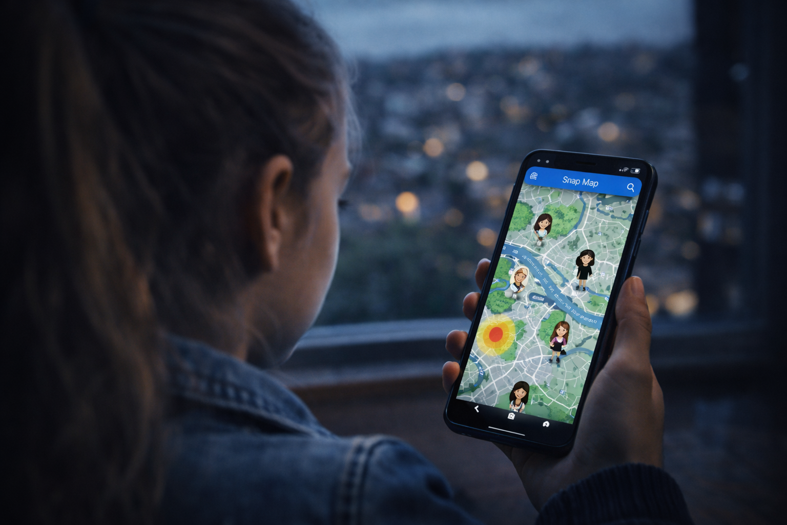 Mädchen hält ein Smartphone in der Hand, auf dem eine Kartenansicht mit Standortfreigaben zu sehen ist, während sie in einem dunklen Raum aus dem Fenster blickt