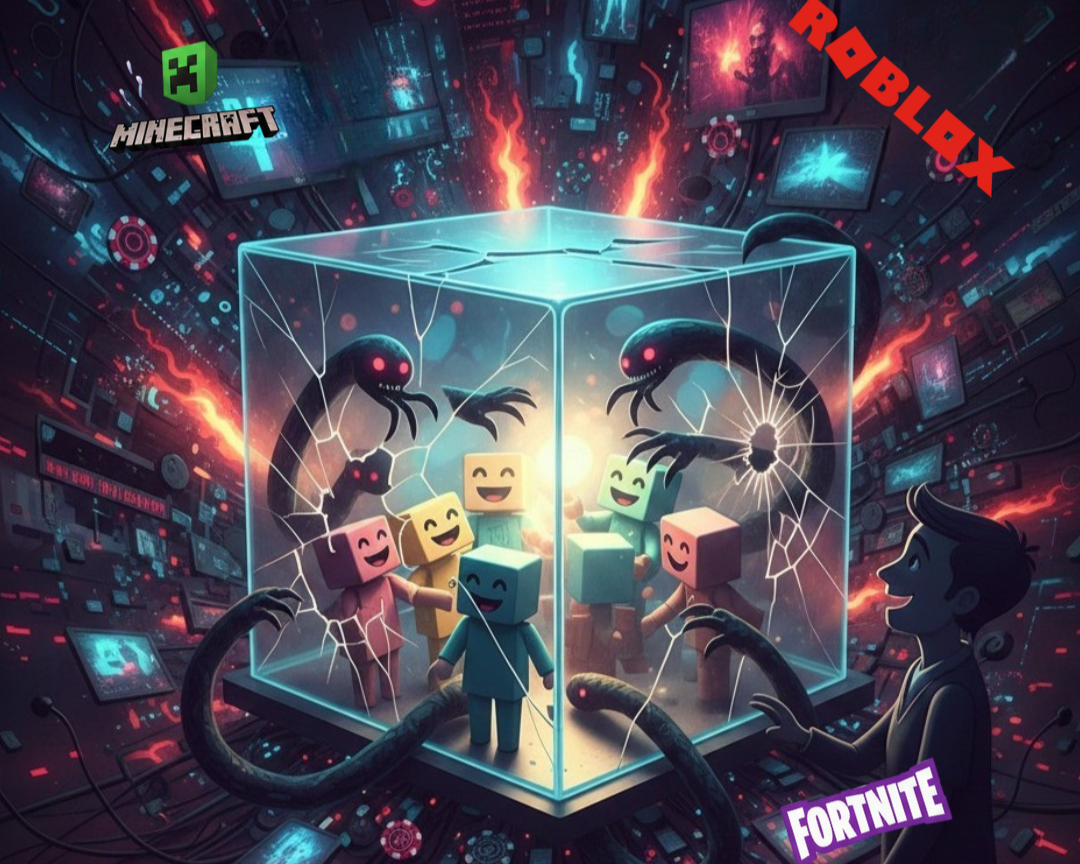 Eine neonrafbene Illustration, die die Gefahr privater Server zeigt. Junge steht vor Glaskasten, der zerbricht. Gefahren von außen dringen ein..