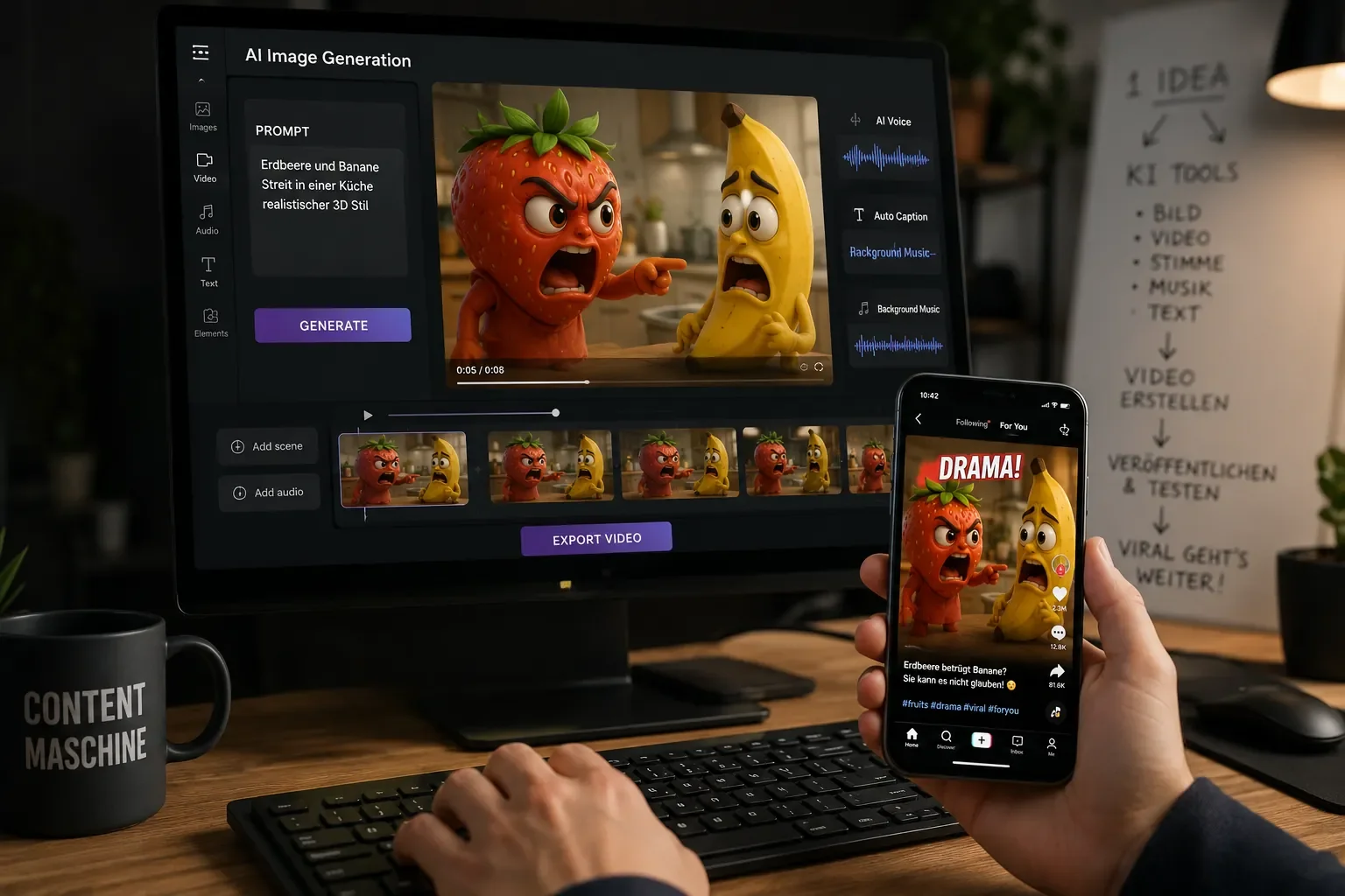 Ein Arbeitsplatz mit Computer und Smartphone zeigt, wie KI-gestützte Software in kurzer Zeit virale Videos mit sprechenden Früchten erstellt und für soziale Netzwerke vorbereitet.