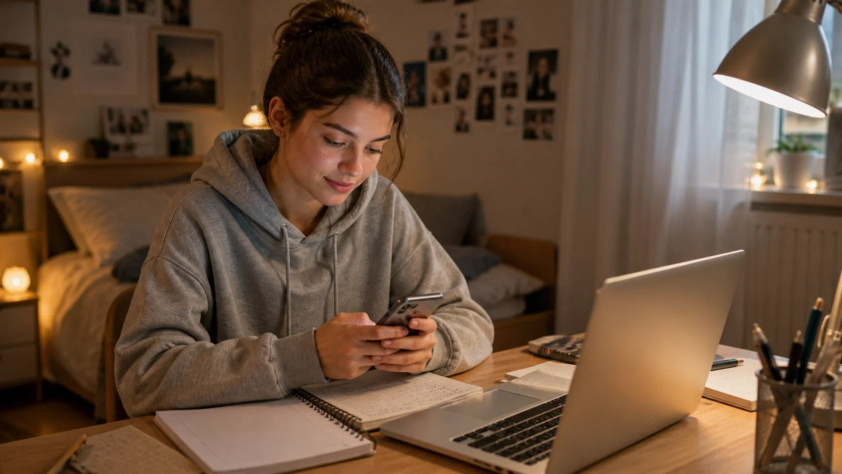 Jugendliche sitzt in ihrem Zimmer am Schreibtisch und schaut auf ihr Smartphone; Laptop und Schulhefte liegen vor ihr.