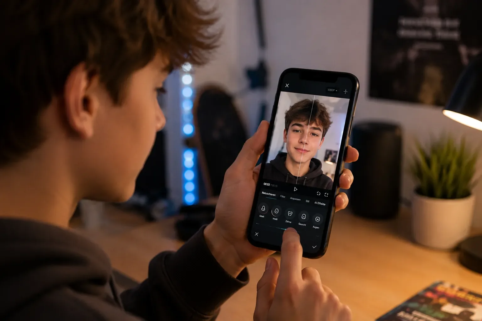 Ein Junge bearbeitet auf seinem Smartphone ein Selfie-Video mit einem Schönheitsfilter. Die Szene zeigt, wie Kinder und Jugendliche KI-gestützte Filter nutzen, um ihr Aussehen in Fotos und Videos zu verändern.