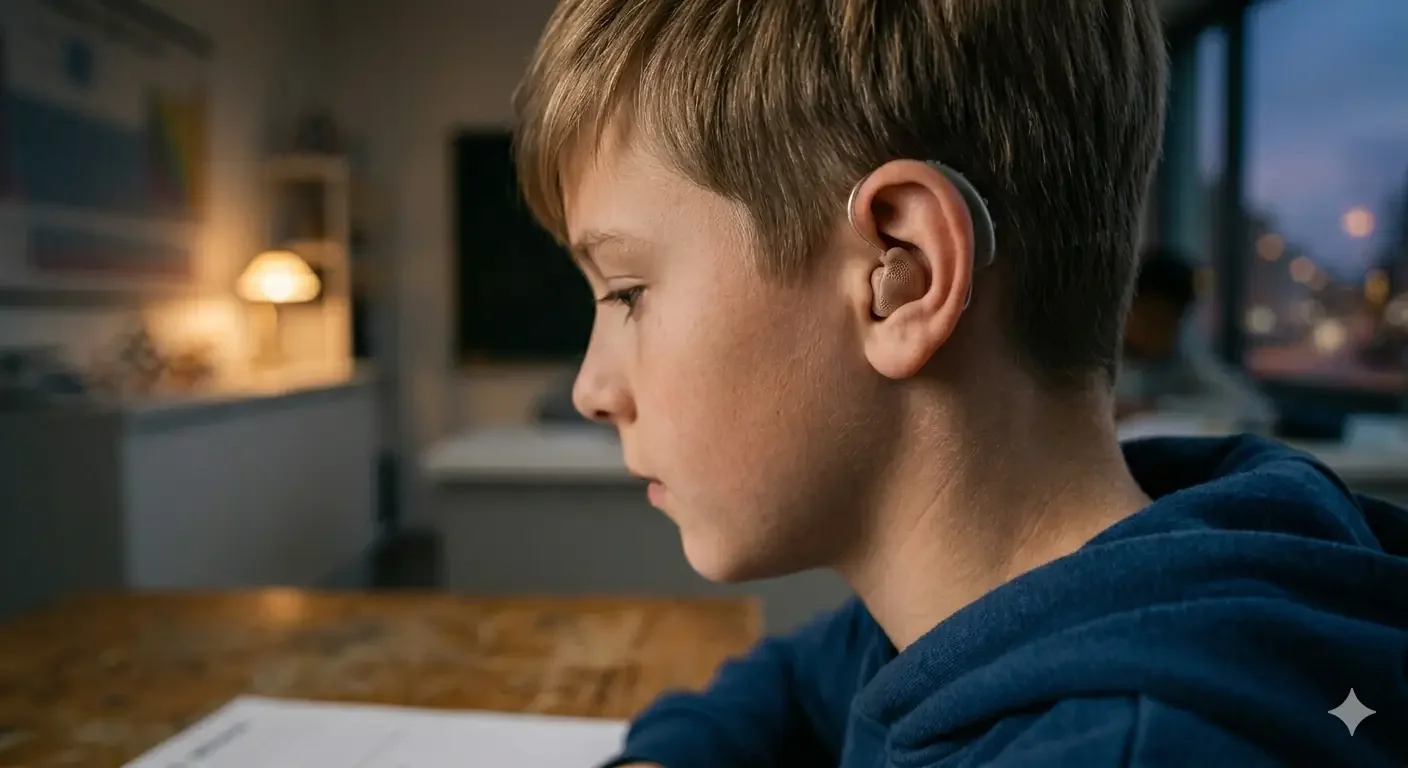 Nahaufnahme eines Schülers während einer Prüfung mit einem nahezu unsichtbaren Ohrhörer im Ohr. Die Szene verdeutlicht, wie moderne Audiotechnik bei Prüfungen unauffällig eingesetzt werden kann.