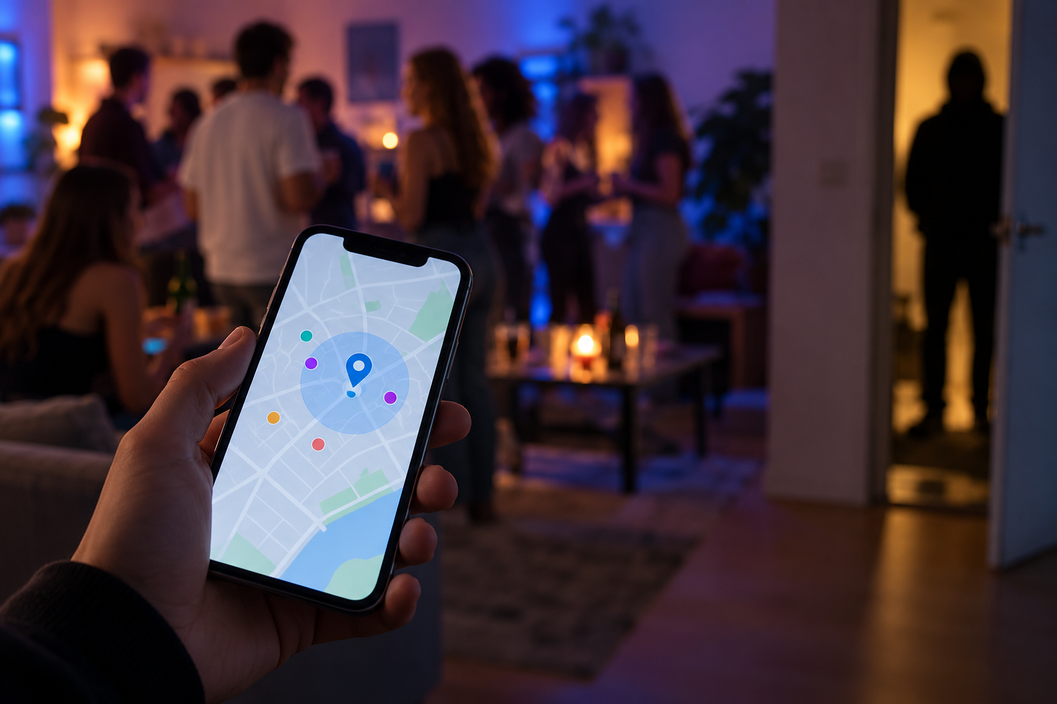 Symbolbild: Ein Smartphone mit abstrakter Standortkarte vor einer unscharfen privaten Feier; eine unbekannte Person steht im Türrahmen.
