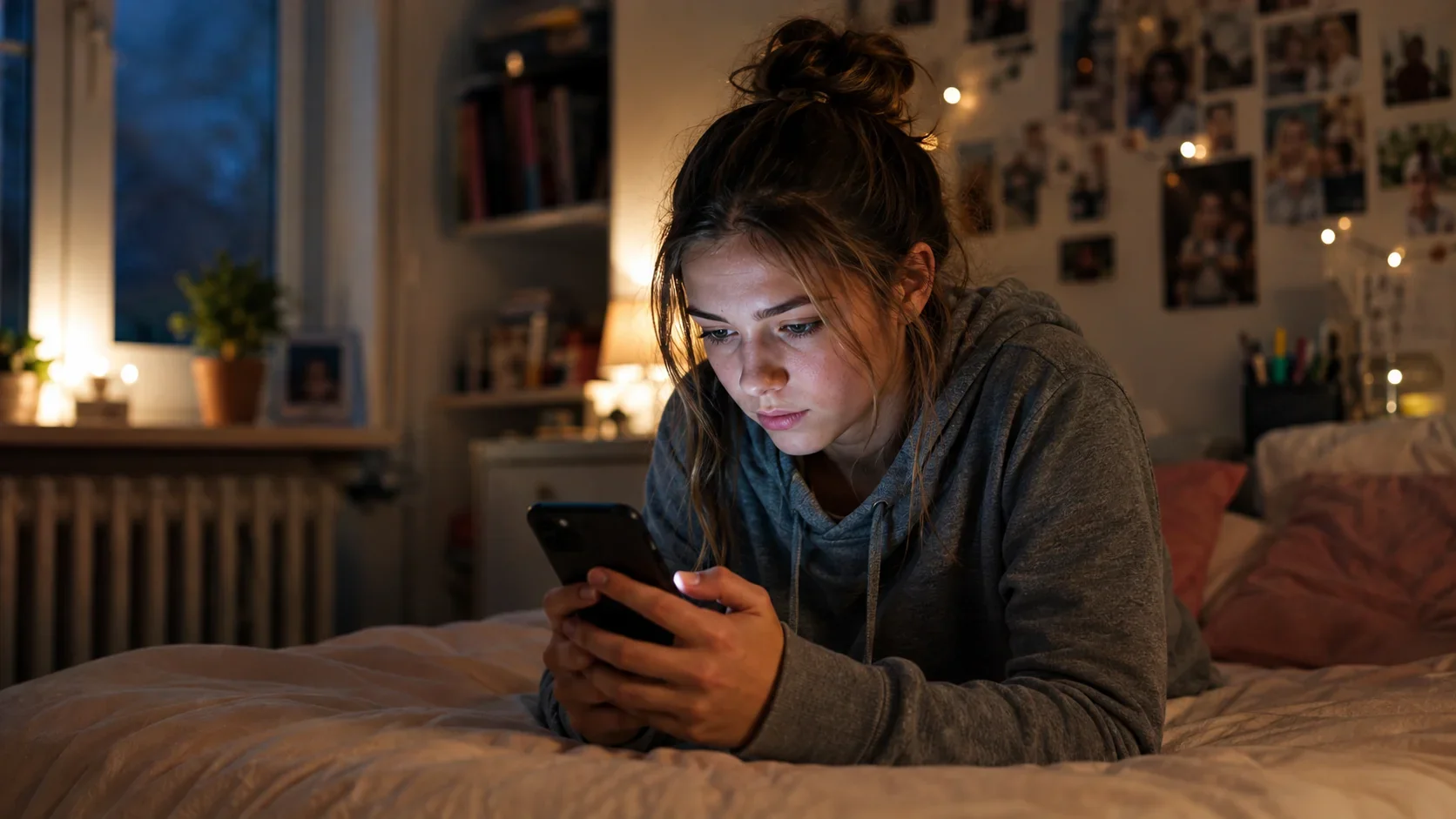 Jugendliche liegt abends in ihrem Zimmer auf dem Bett und schaut konzentriert auf ihr Smartphone. Das Bild steht für die regelmäßige Snapchat-Nutzung, Snapscore und Streaks.