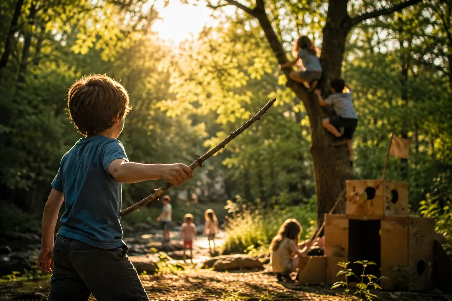 Kinder spielen an einem Bach im Wald, klettern auf Bäume und bauen mit Ästen und Kartons fantasievolle Abenteuerwelten. Das Bild zeigt, wie freies Spielen in der Natur Kreativität, Neugier und eigene Erfahrungen fördert.