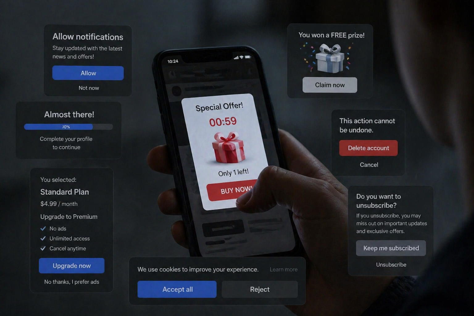Smartphone in der Hand mit vielen überlagernden Pop-ups, Countdown und Buttons, die typische manipulative Dark Patterns darstellen