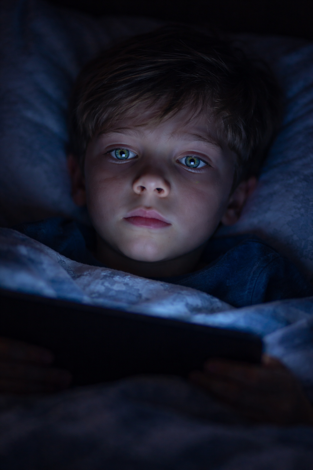 Nahaufnahme eines etwa zehnjährigen Kindes, das nachts im Bett liegt und nur vom kalten Licht eines Tablets beleuchtet wird, während sich eine bunte digitale Block Welt in den Augen spiegelt