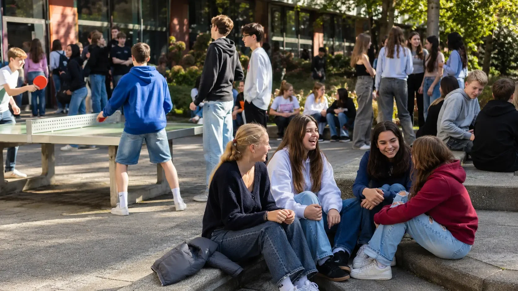 Jugendliche unterhalten sich und spielen gemeinsam auf dem Schulhof während einer smartphonefreien Pause.