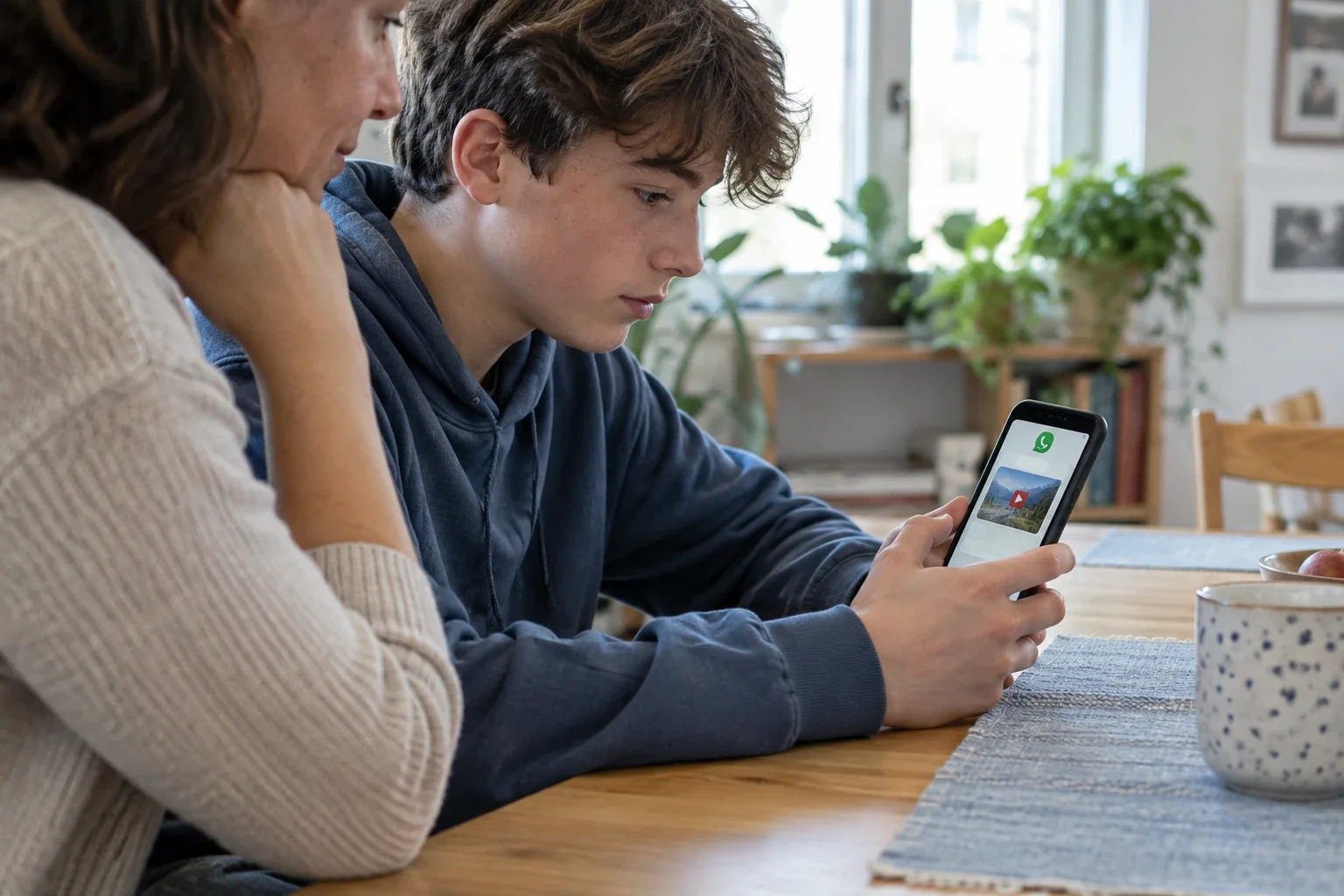 Ein Jugendlicher und seine Mutter betrachten einen geteilten Videolink auf einem Smartphone am Esstisch. KI-generiertes Symbolbild.