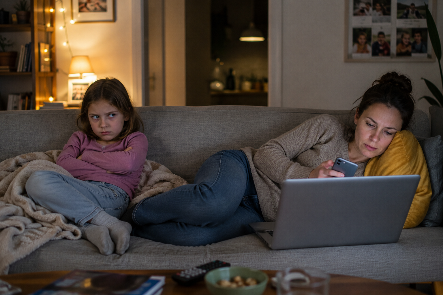 Fotorealistische Wohnzimmer-Szene. Ein genervt wirkendes Kind sitzt auf der Couch, während die Mutter neben ihm mit Laptop und Smartphone beschäftigt ist.