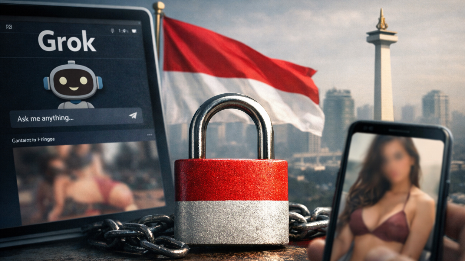 Symbolbild zum Grok-Verbot in Indonesien. Ein Vorhängeschloss in den Farben der indonesischen Flagge steht zwischen einem Smartphone mit Grok-Oberfläche und einem weiteren Handy. Im Hintergrund ist die Skyline von Jakarta zu sehen.
