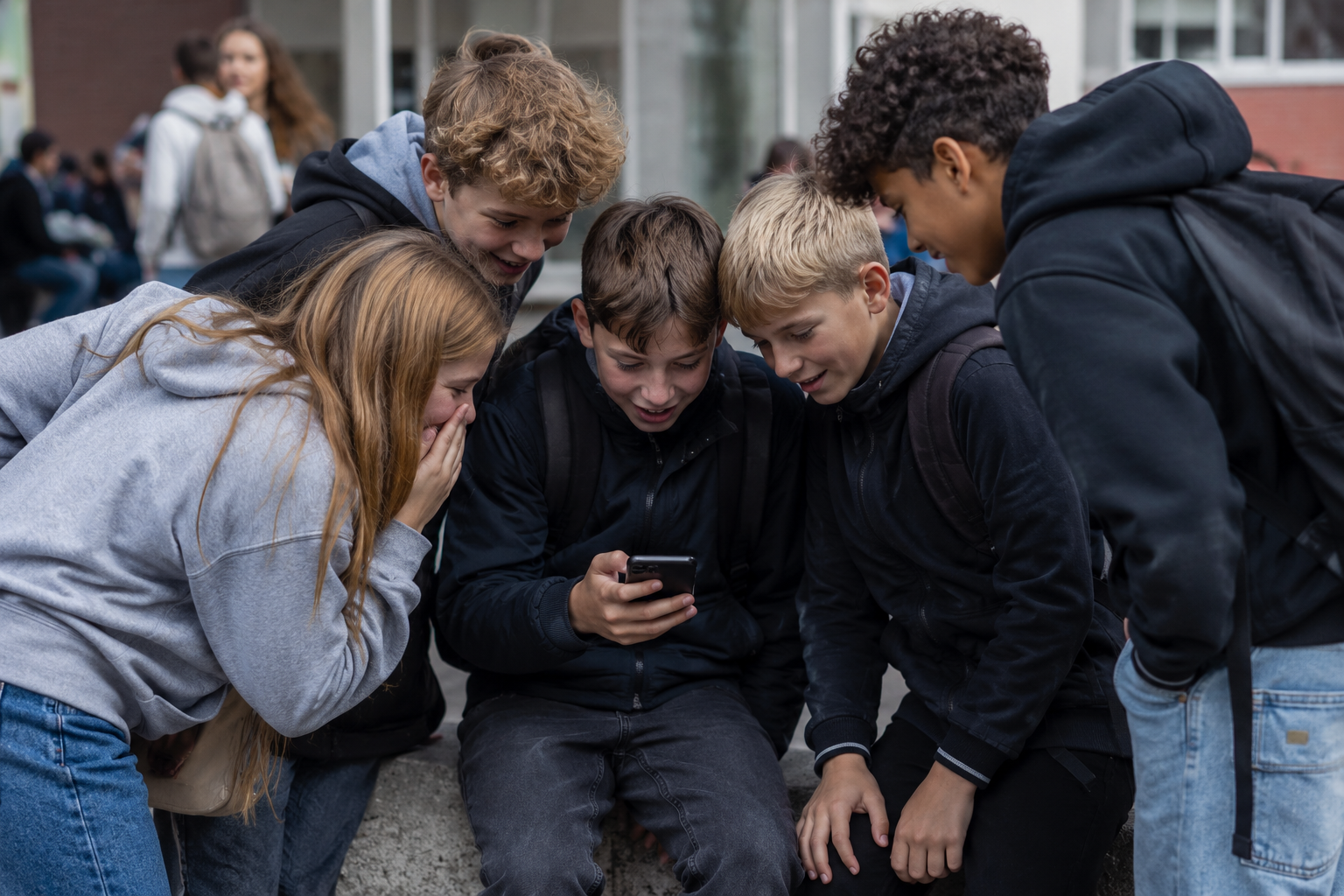 Mehrere Kinder stehen auf einem Schulhof zusammen und schauen gemeinsam konzentriert auf ein Smartphone, auf dem offenbar ein virales Video abgespielt wird.