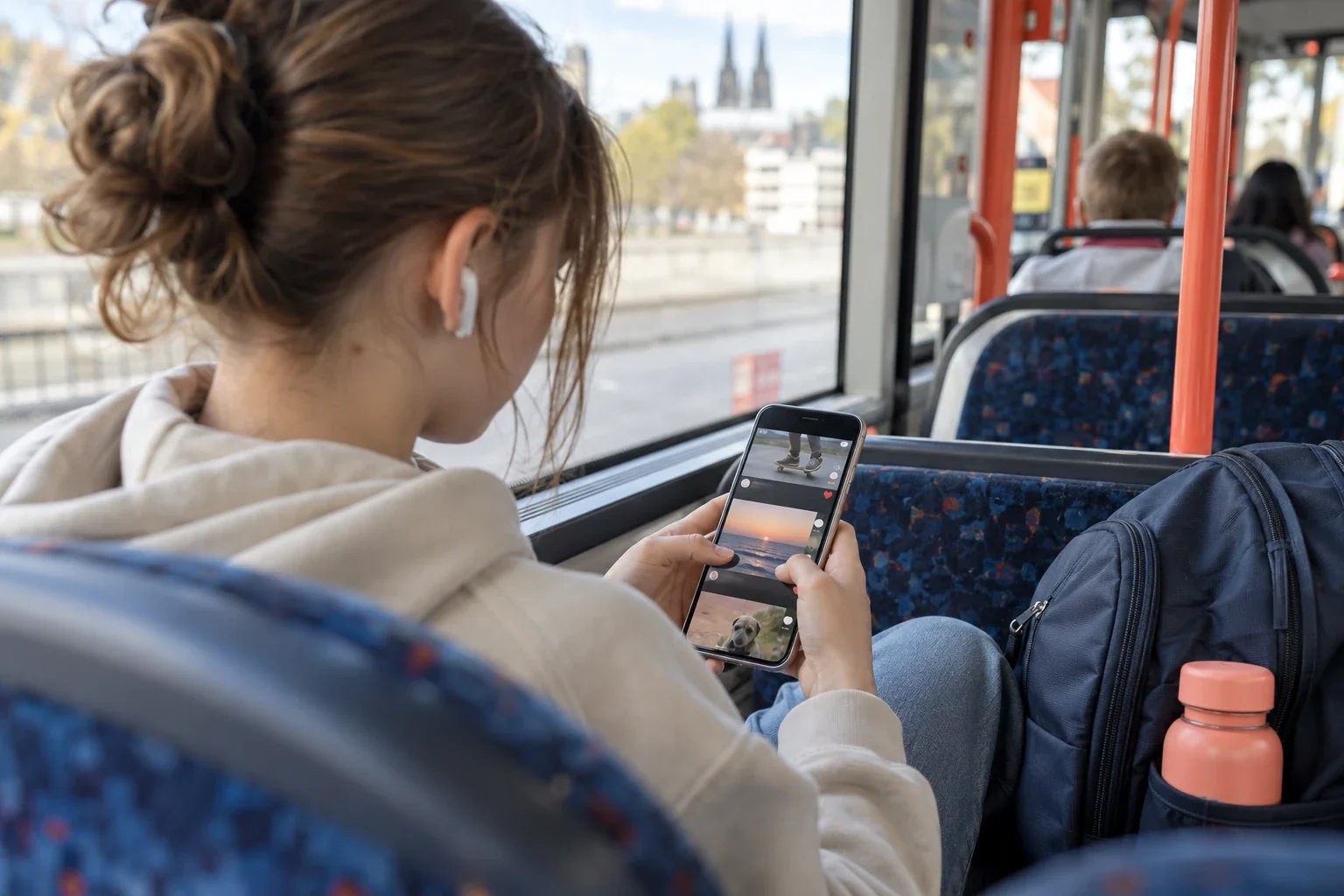 Eine Jugendliche sitzt im Bus und schaut auf einen Videofeed auf ihrem Smartphone.