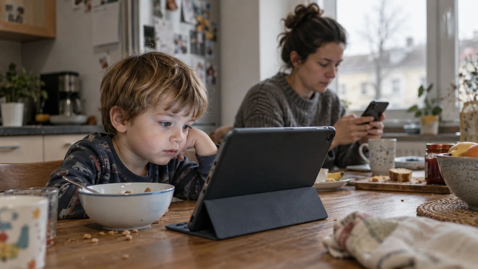 Ein kleines Kind schaut beim Frühstück auf ein Tablet. Ein Elternteil am selben Tisch blickt auf sein Smartphone.