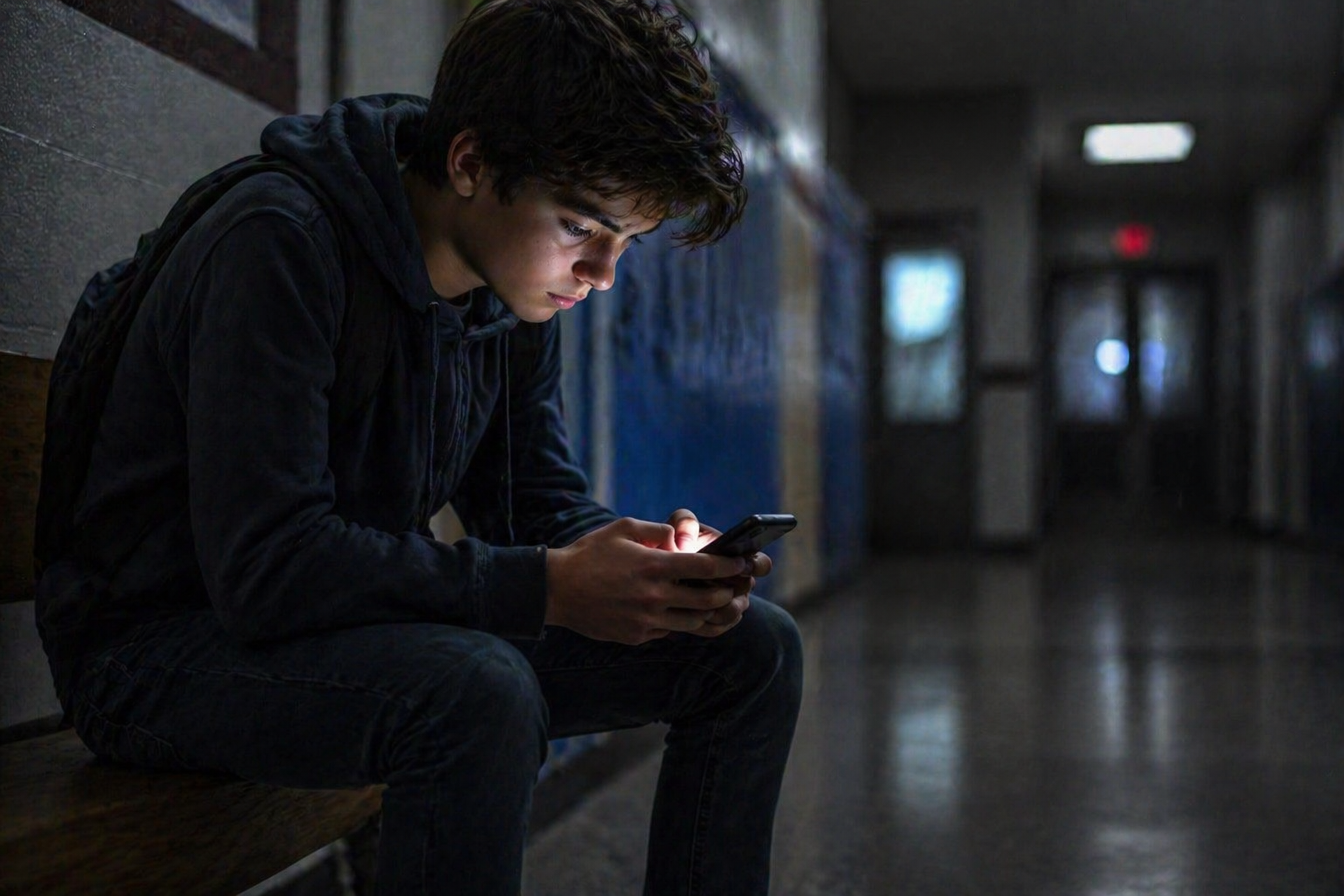 Jugendlicher sitzt allein im dunklen Schulflur und schaut konzentriert auf sein Smartphone, das Gesicht wird vom Bildschirmlicht beleuchtet