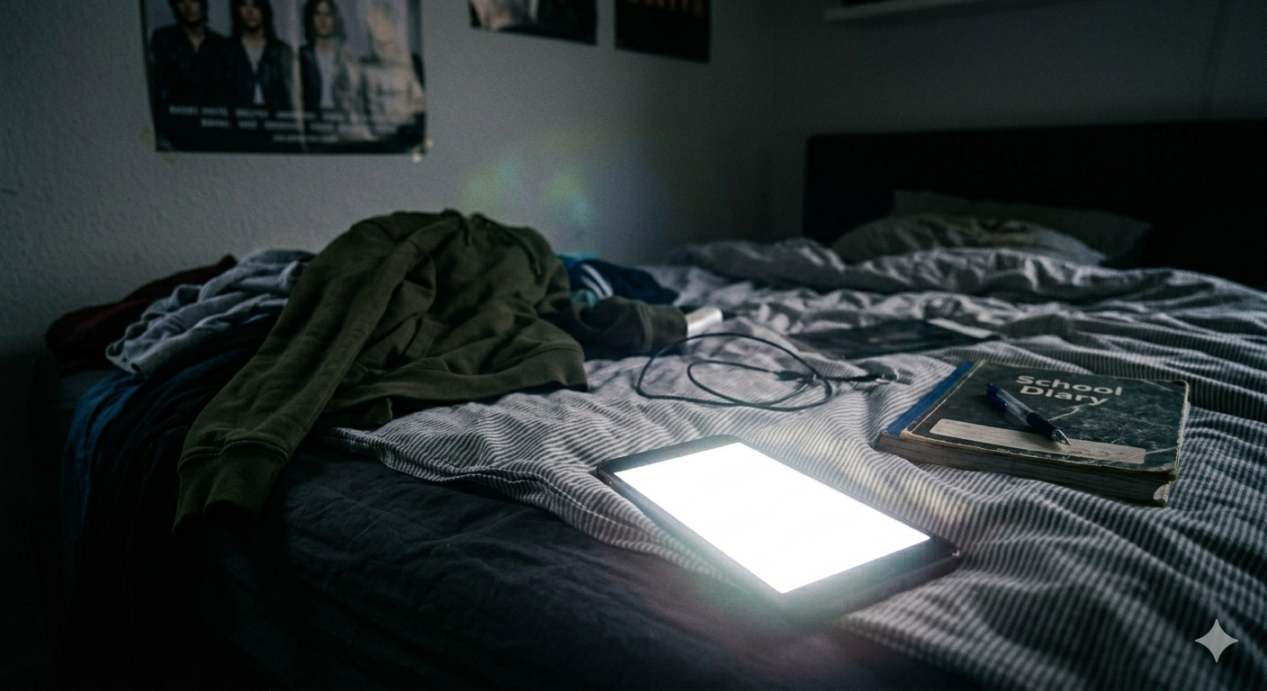 Ein hell leuchtendes Smartphone liegt abends auf einem ungemachten Bett in einem dunklen Jugendzimmer neben Schulheft und Kopfhörern.