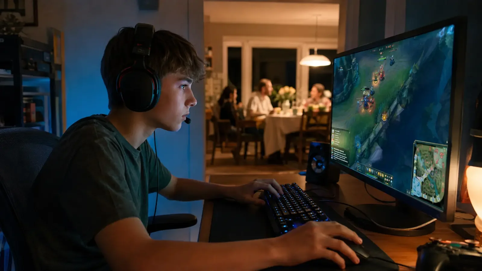 Ein Jugendlicher spielt konzentriert League of Legends, während seine Familie im Hintergrund zusammensitzt.