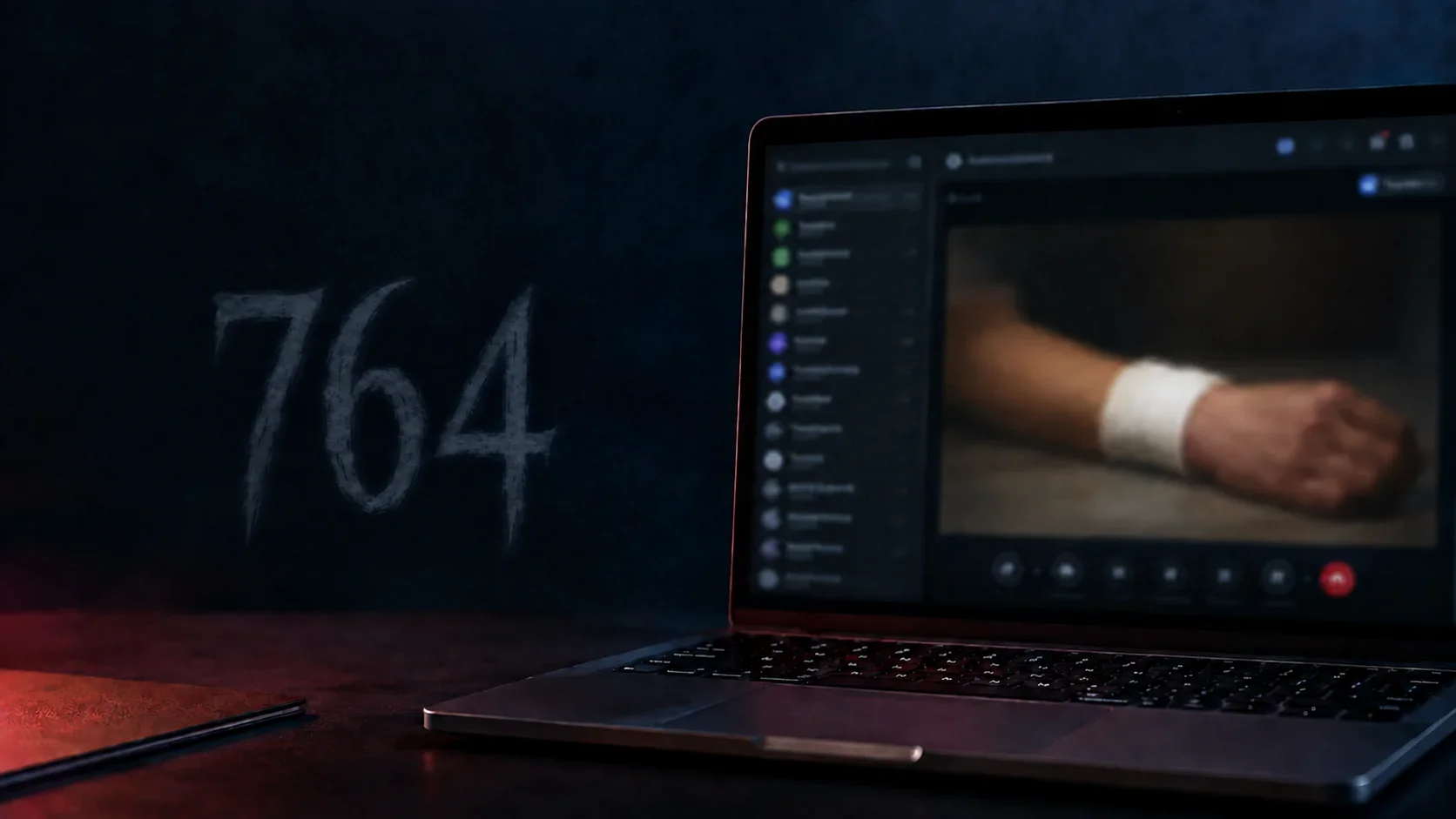 Dezente Ziffern 764 im dunklen Hintergrund neben einem Laptop mit verschwommener Aufnahme eines verbundenen Unterarms.