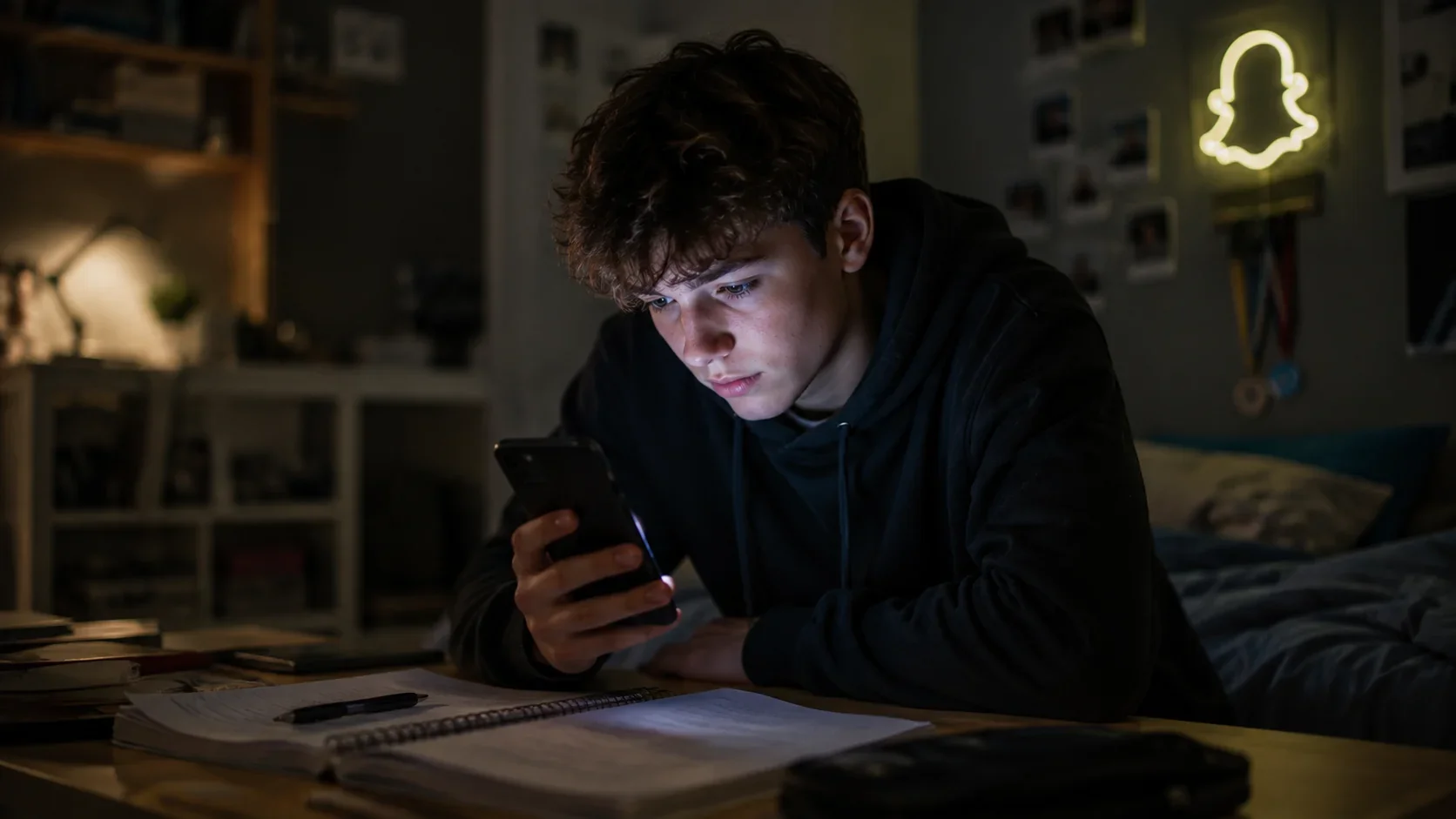 Jugendlicher sitzt abends bei seinen Schulaufgaben und schaut auf sein Smartphone. Das Bild steht für den sozialen Druck durch Snapchat-Streaks und die ständigen Unterbrechungen durch die App.