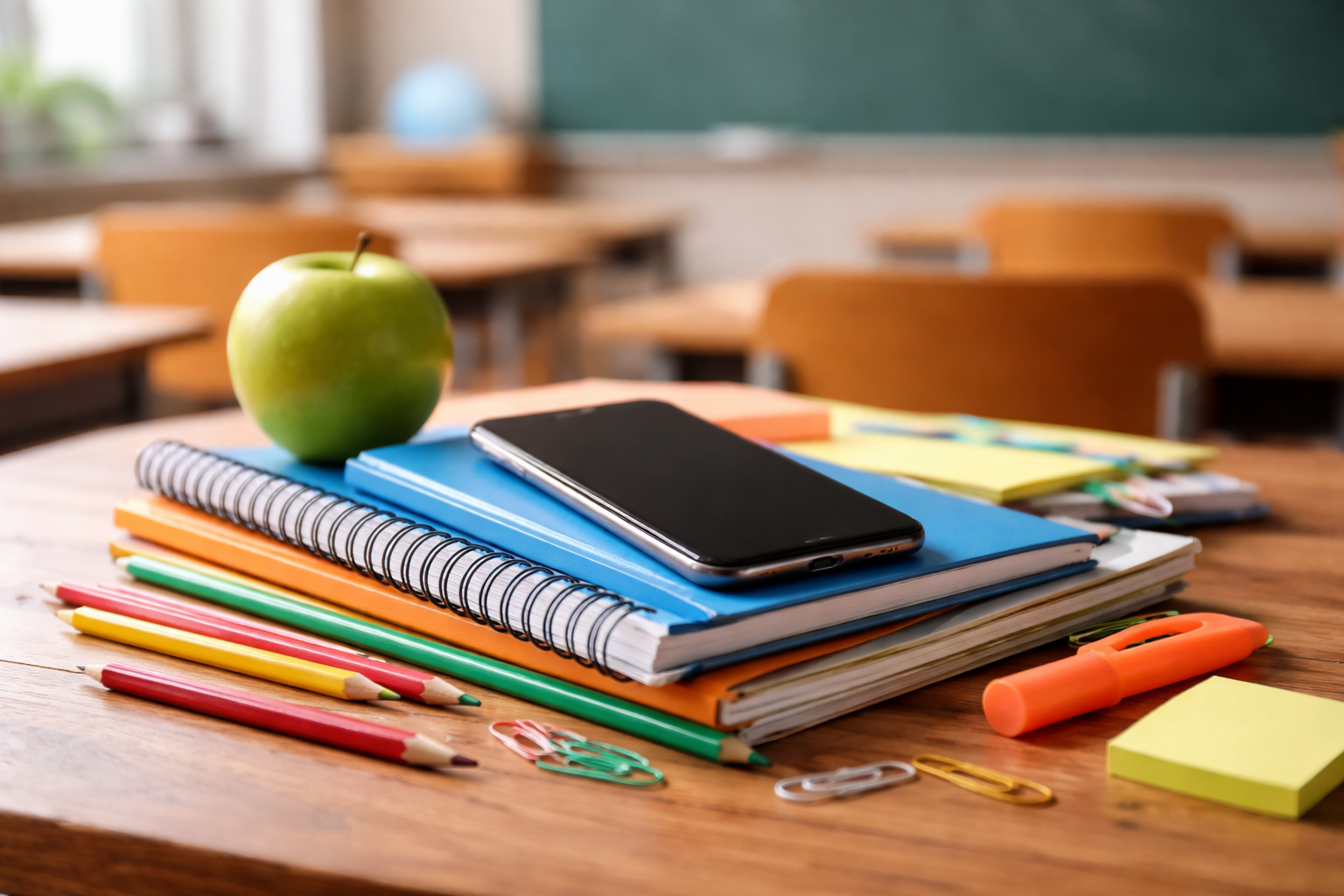 Smartphone liegt auf Schulheften und Stiften auf einem Tisch in einem leeren Klassenzimmer.