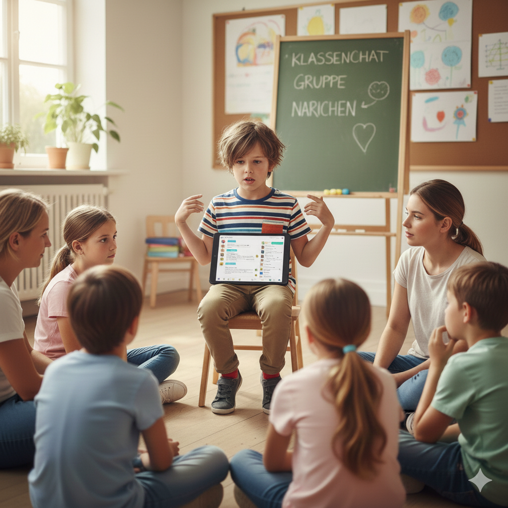Dieses Bild zeigt eine Gruppe von Kindern und zwei jungen Frauen, die in einem hellen Klassenzimmer oder Gruppenraum in einem Kreis auf dem Boden sitzen.