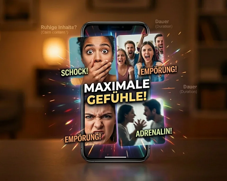 Symbolbild eines Smartphones mit emotionalen Gesichtern und den Worten „Maximale Gefühle!“, „Schock!“, „Empörung!“ und „Adrenalin!“.