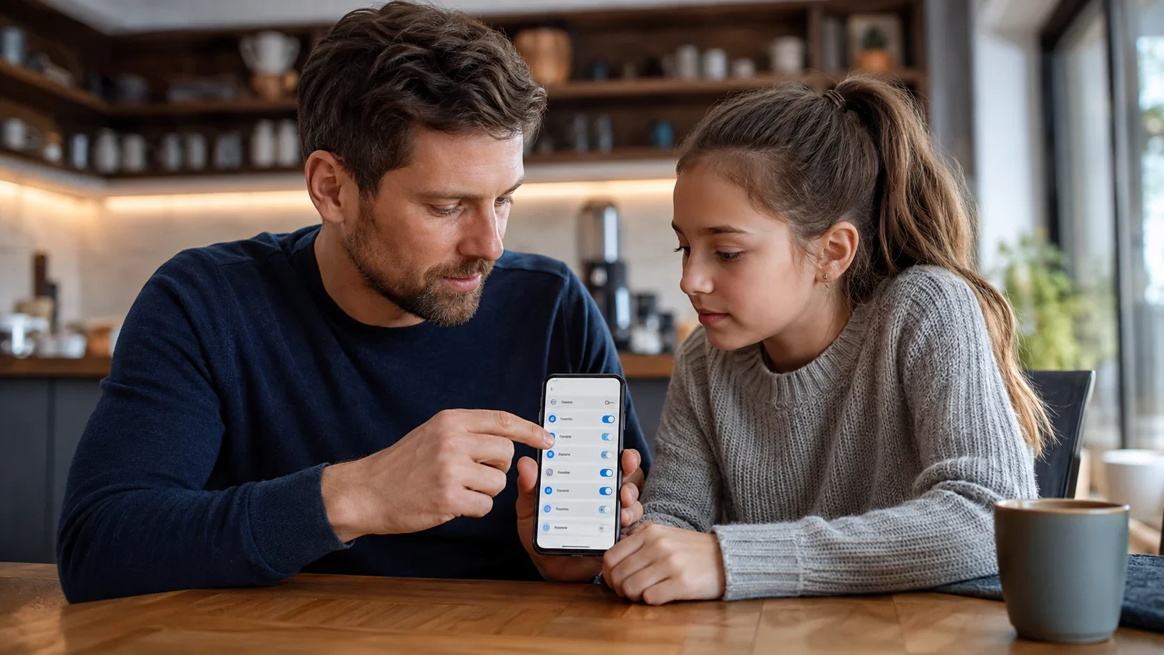 Vater erklärt seiner Tochter Einstellungen auf einem Smartphone und begleitet sie bei der sicheren Nutzung des Geräts.
