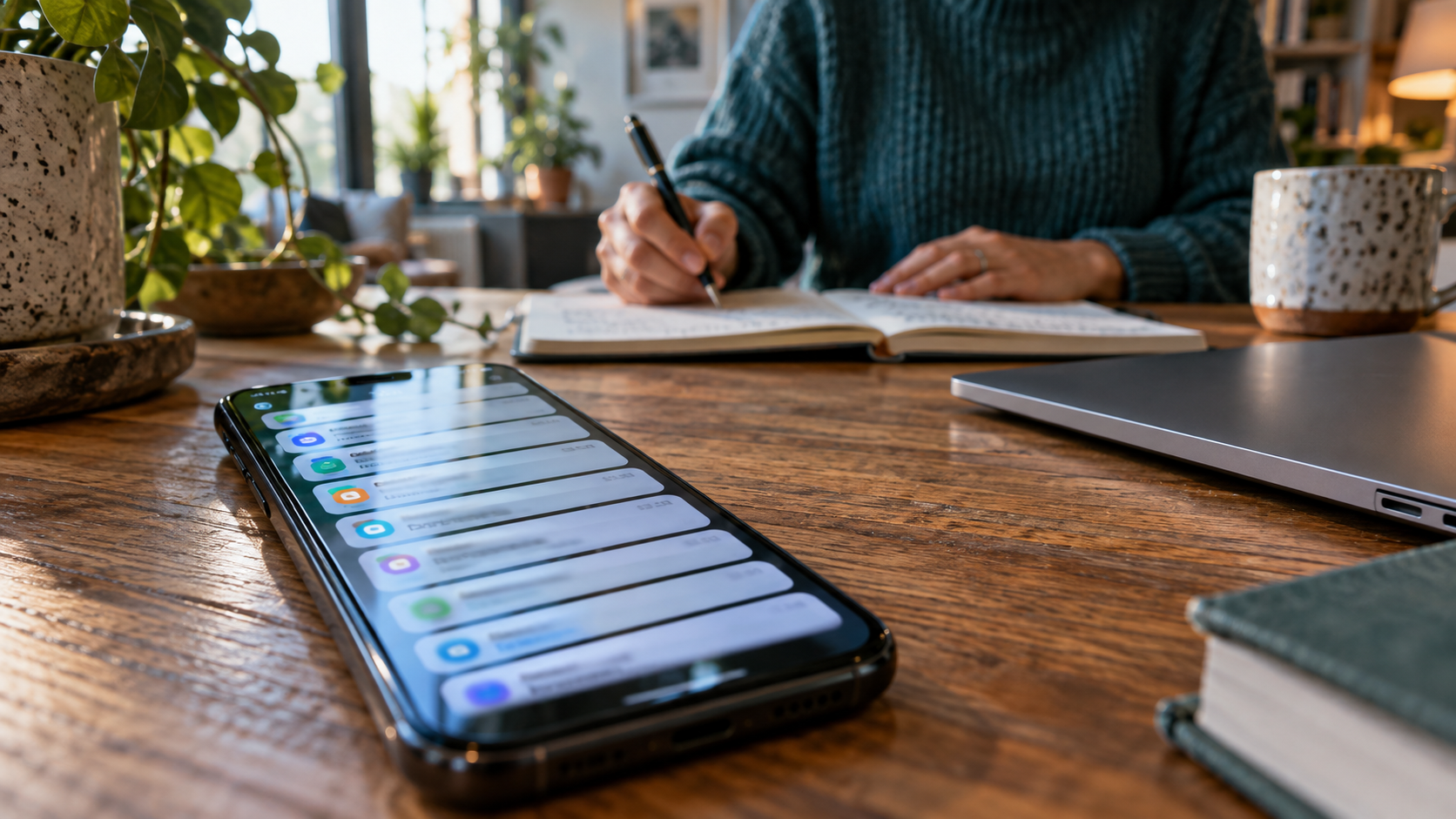 Ein Smartphone mit zahlreichen Benachrichtigungen liegt auf einem Tisch. Im Hintergrund schreibt eine Person in ein Notizbuch.
