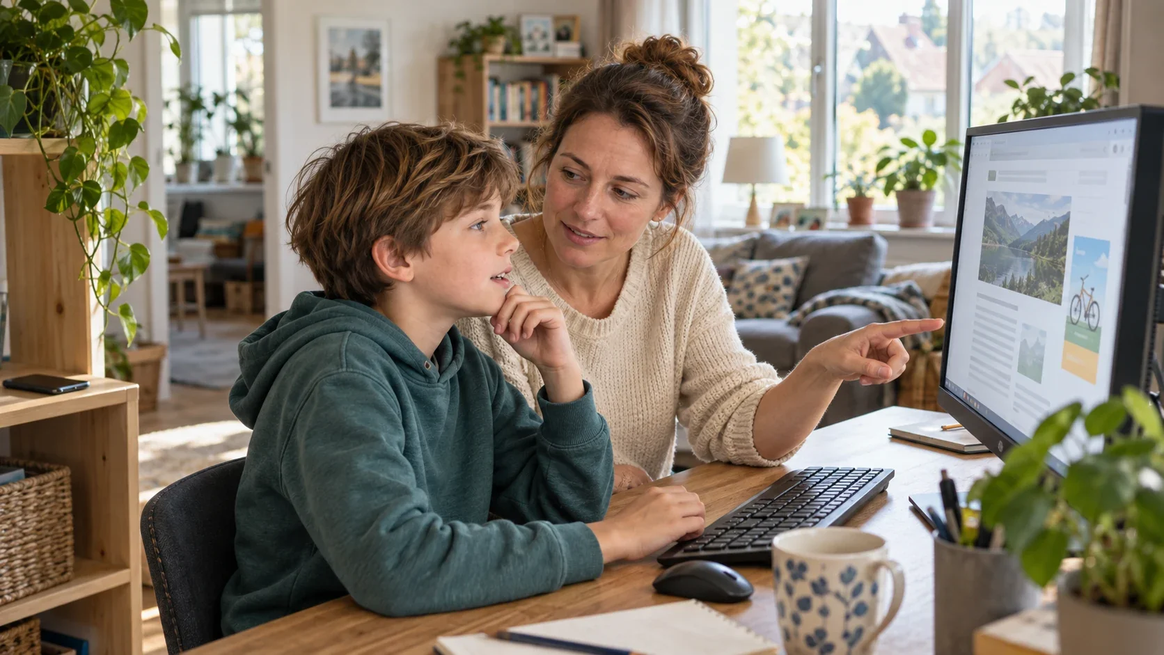 Eine Mutter und ihr Sohn betrachten gemeinsam eine Webseite am Familiencomputer. Die Mutter zeigt auf den Bildschirm und spricht mit dem Kind über die Inhalte.