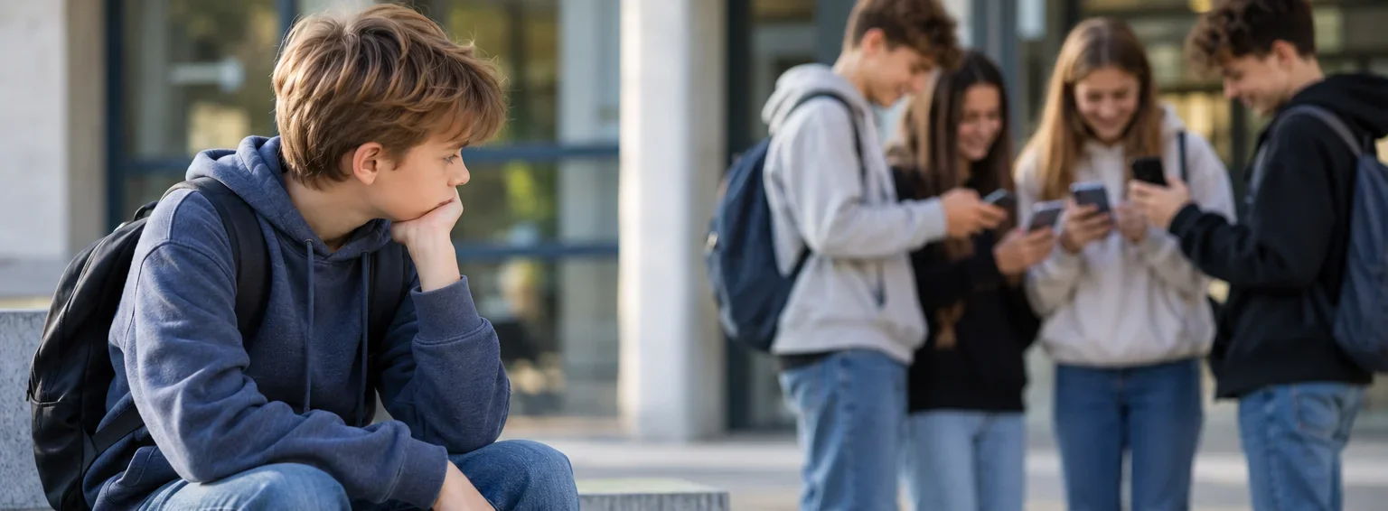 Alt-Text: Ein Junge im blauen Hoodie sitzt abseits und blickt zu Mitschülern, die ihre Smartphones nutzen.