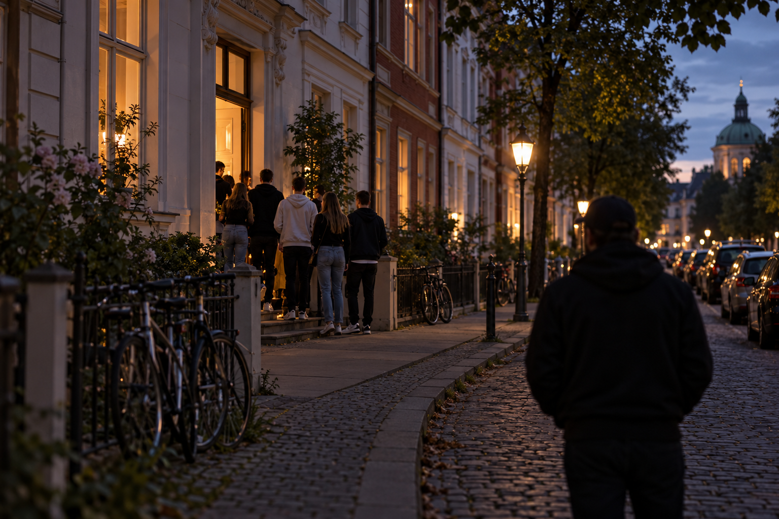 Symbolbild: Jugendliche gehen am Abend zu einer privaten Feier in einer Potsdamer Straße, eine unbekannte Person steht im Hintergrund.