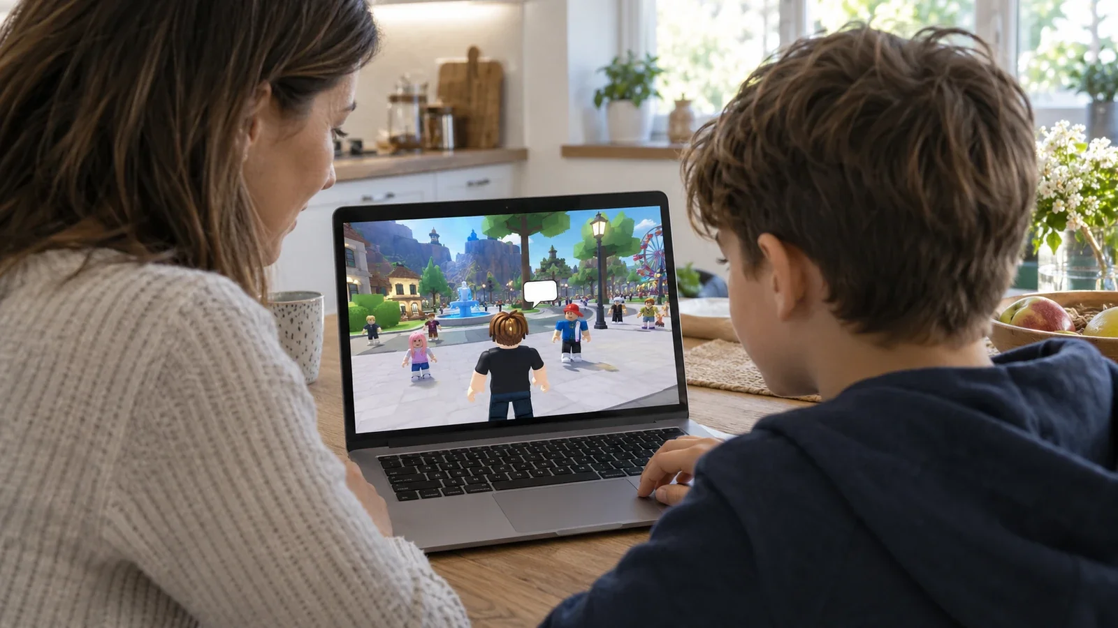 ine Mutter schaut mit ihrem Sohn auf ein Notebook. Auf dem Bildschirm erscheinen eine symbolische Online-Spielwelt, weitere Spielfiguren und ein Chat-Symbol.