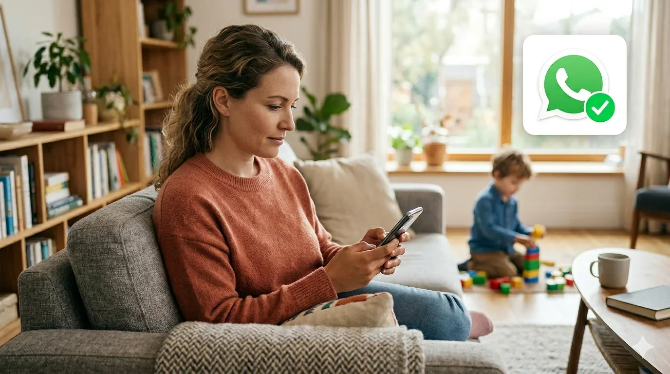 Eine Frau nutzt ein Smartphone, während ein Kind im Hintergrund spielt; daneben ist ein WhatsApp-Symbol eingeblendet.