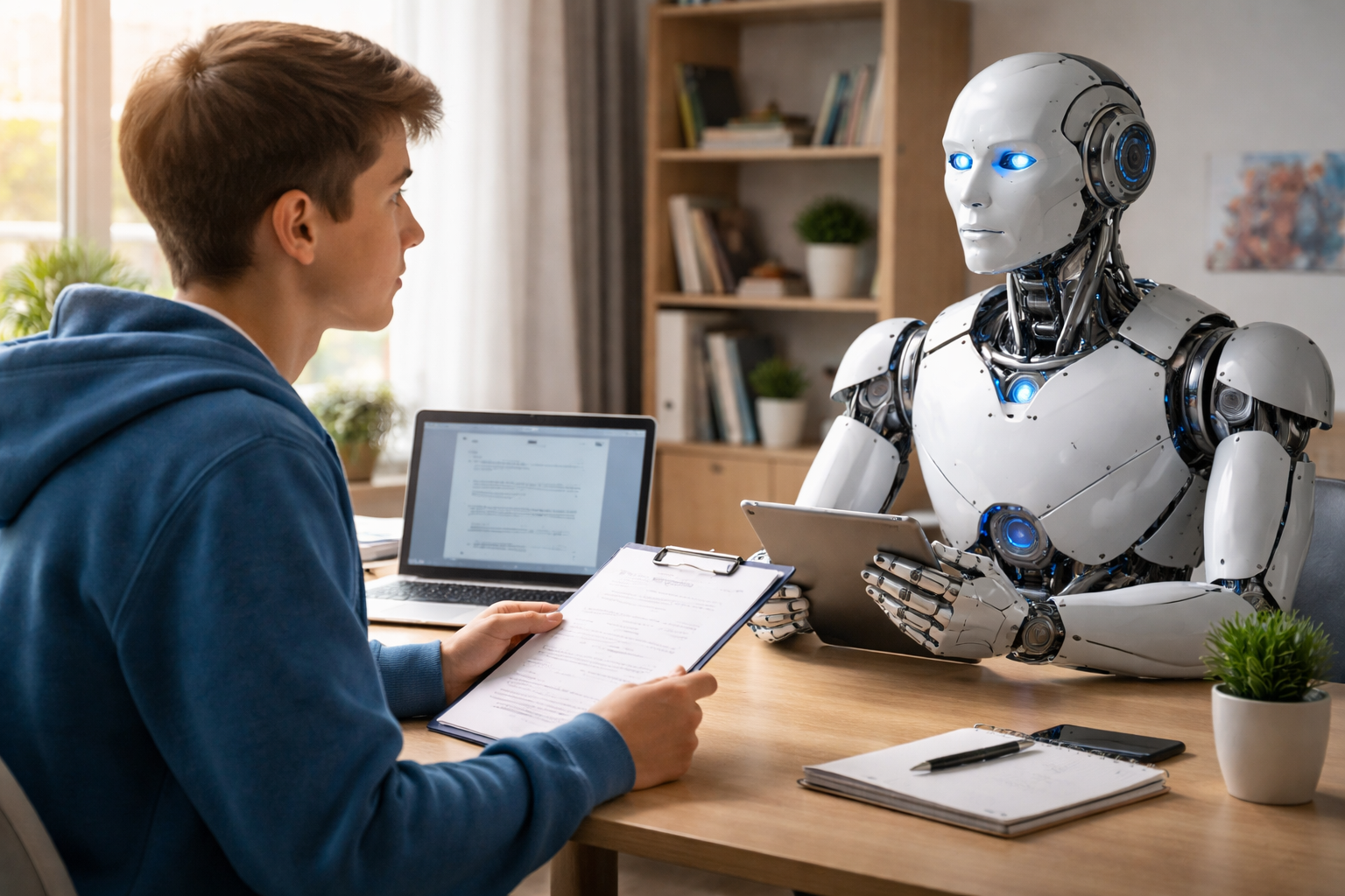 Jugendlicher übt ein Vorstellungsgespräch mit einem humanoiden Roboter an einem Schreibtisch, Laptop und Bewerbungsunterlagen liegen bereit, moderne Wohnumgebung, ernsthafte Atmosphäre.