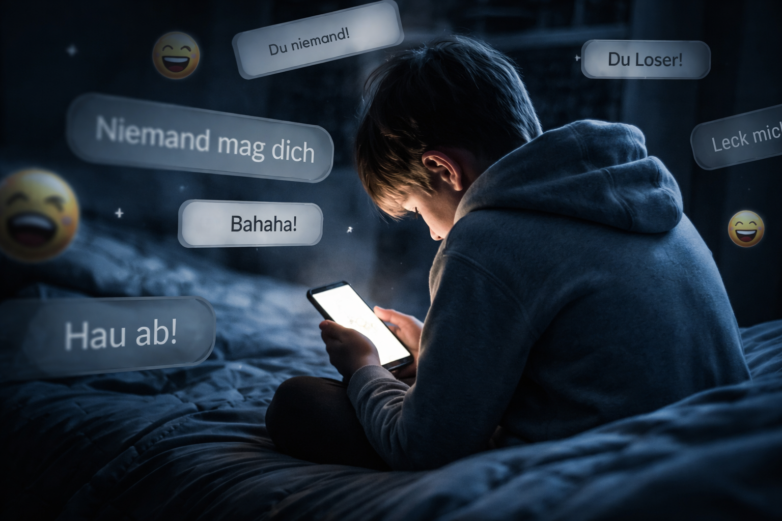 Ein Kind sitzt nachts allein auf dem Bett und blickt auf ein Smartphone, umgeben von bedrohlich wirkenden Chatnachrichten, Symbolbild für Cybermobbing und digitale Ausgrenzung.