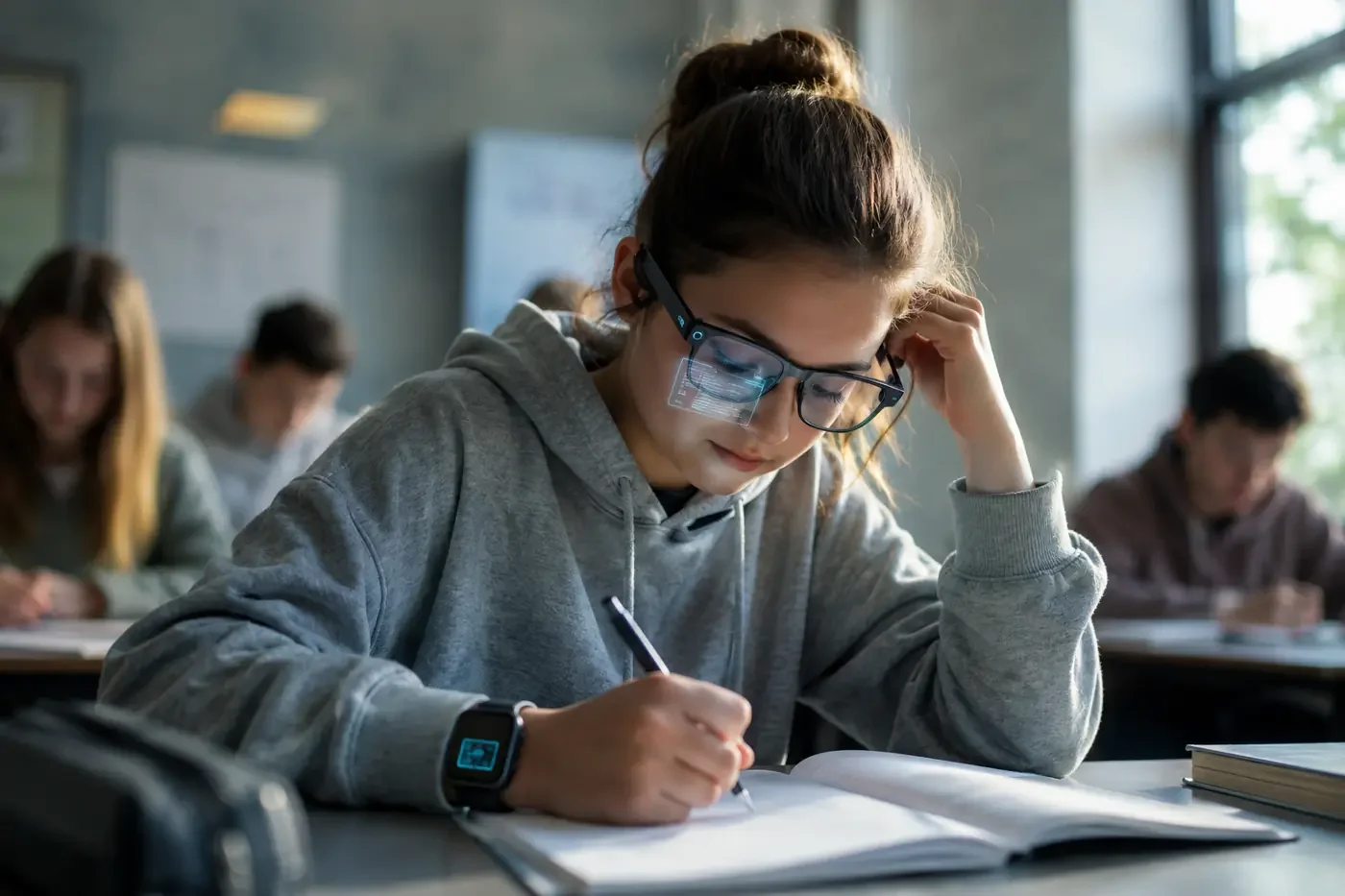Schülerin sitzt während einer Klassenarbeit im Unterricht und schreibt in ein Heft, während sie eine moderne Smart-Brille und Smartwatch trägt. Die Szene verdeutlicht den Einfluss neuer KI-Technologien auf Schule und Prüfungen